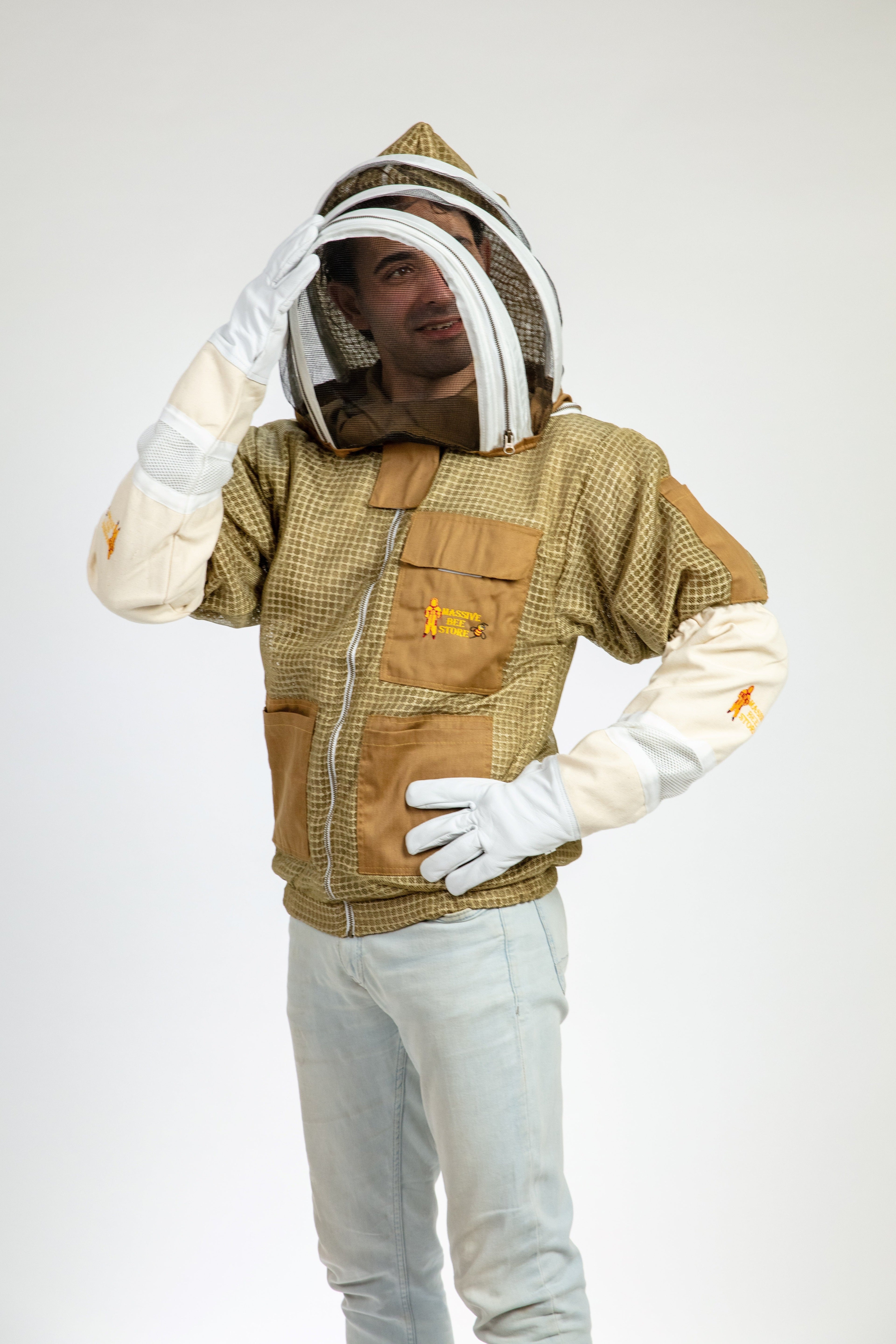 Khaki Beekeeping Ventilated Jacket with Fencing Veil