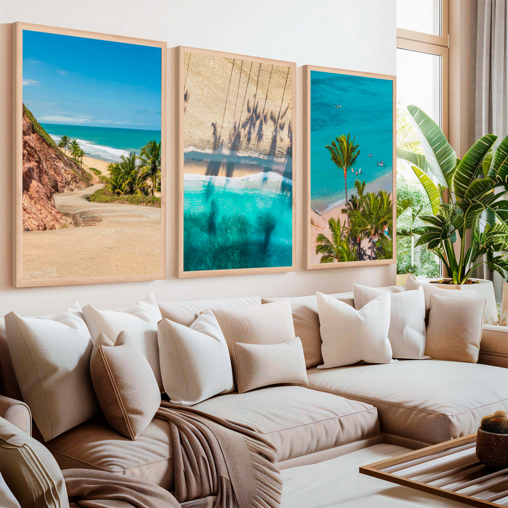 3 Piece Nautical Wall Art – Cliff Trail, Palm Shadows & Surfer Beach Set