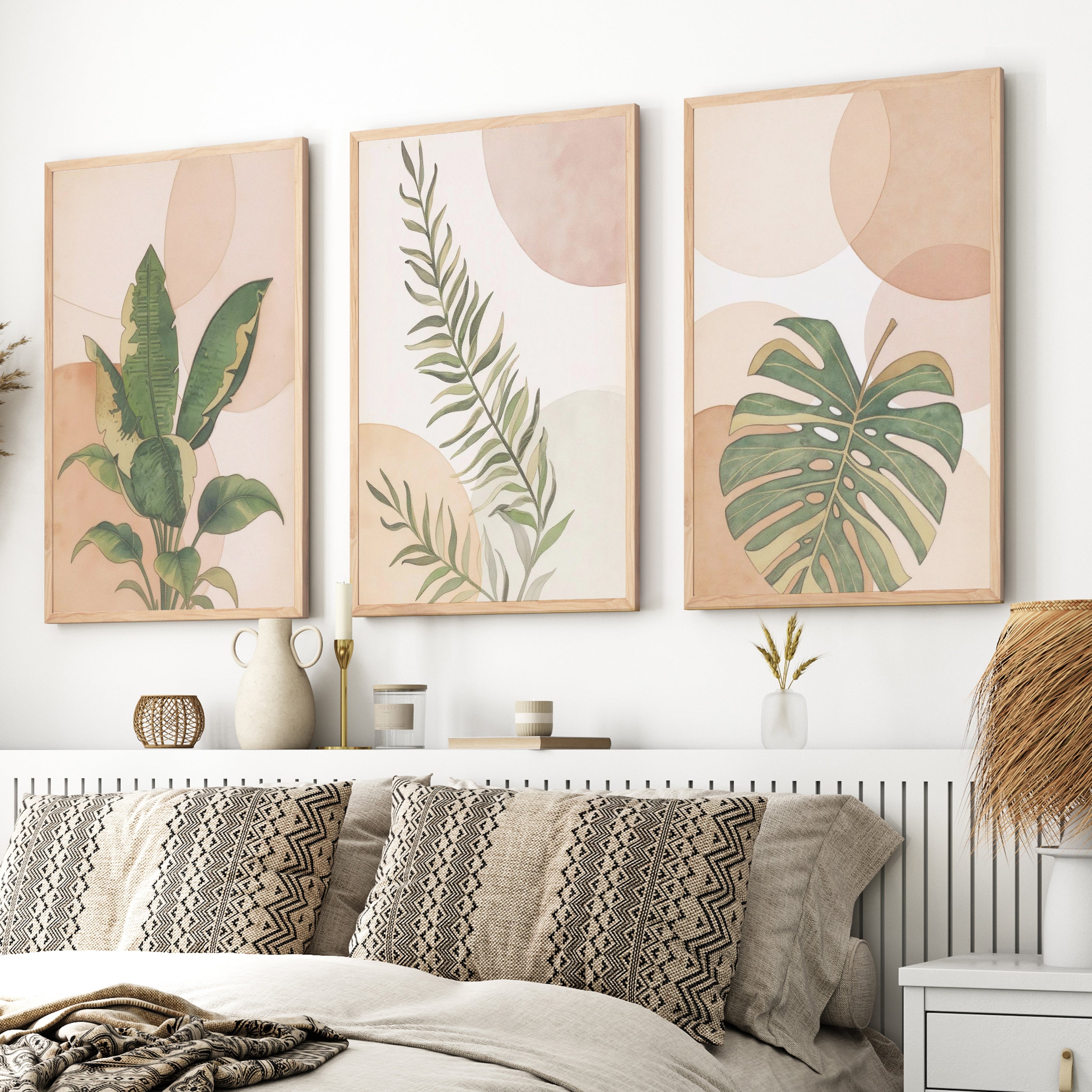 3 Piece Terracotta Boho Wall Art – Green Tropical Leaves