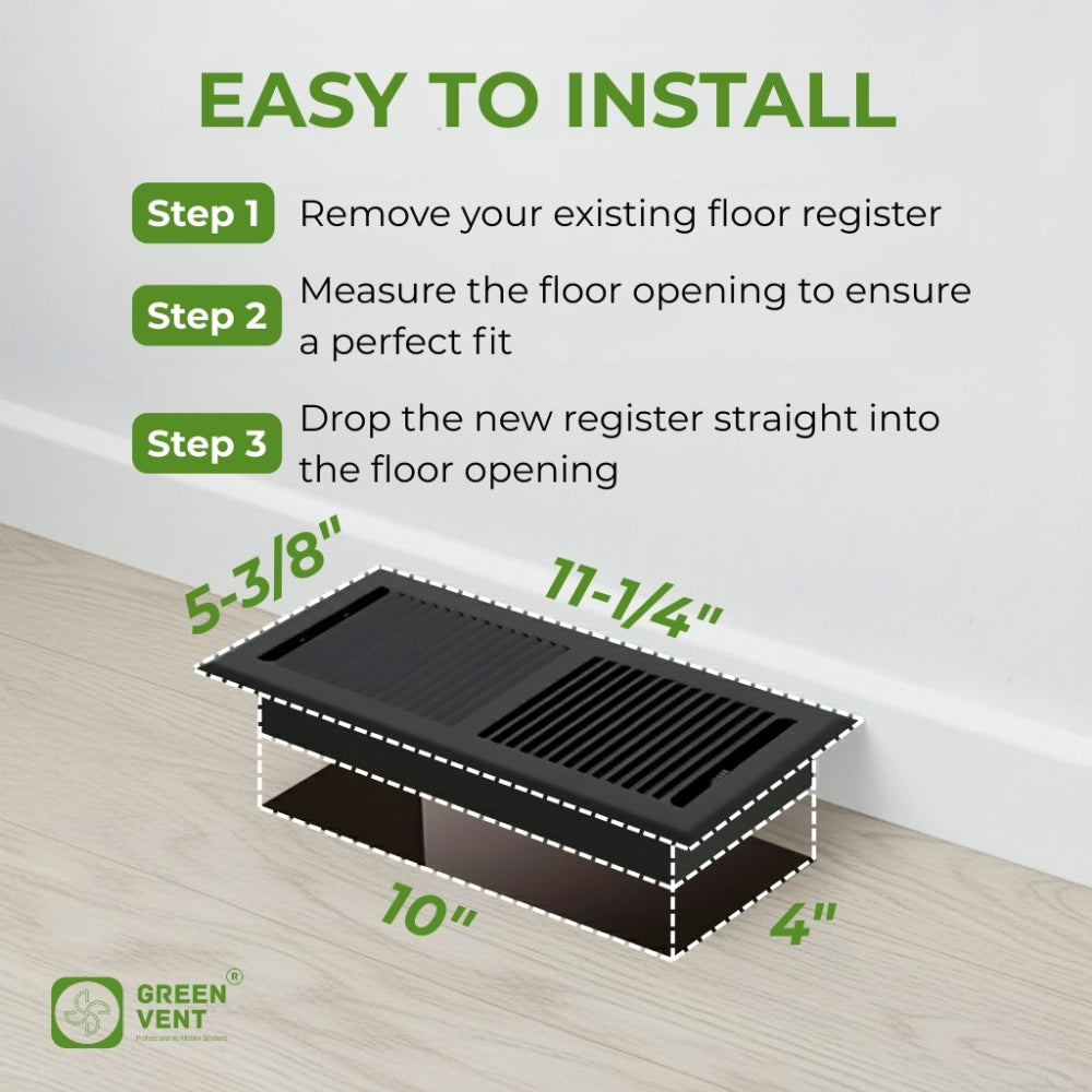 4x10 Steel Matte Black Floor Register – 2 Way Airflow, With Removable Mesh Filter, Dust & Bug Protection