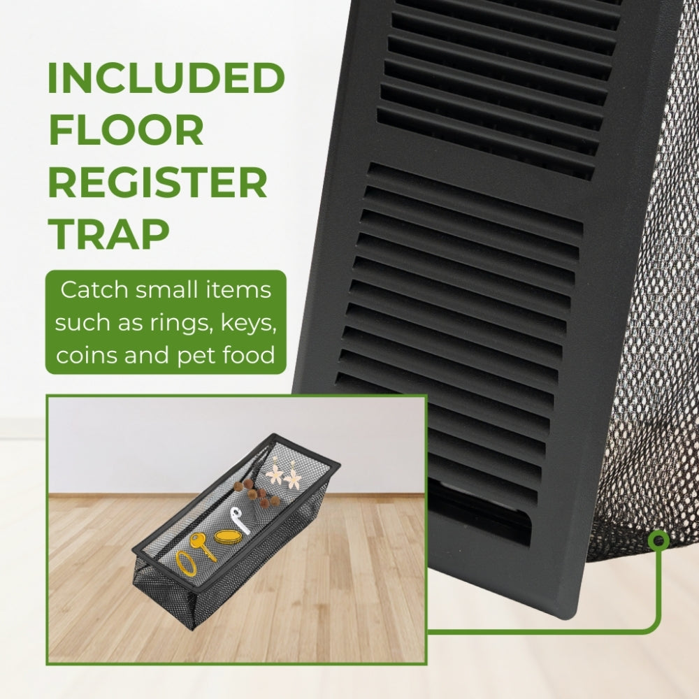 4x10 Steel Matte Black Floor Register – 2 Way Airflow, With Removable Mesh Filter, Dust & Bug Protection