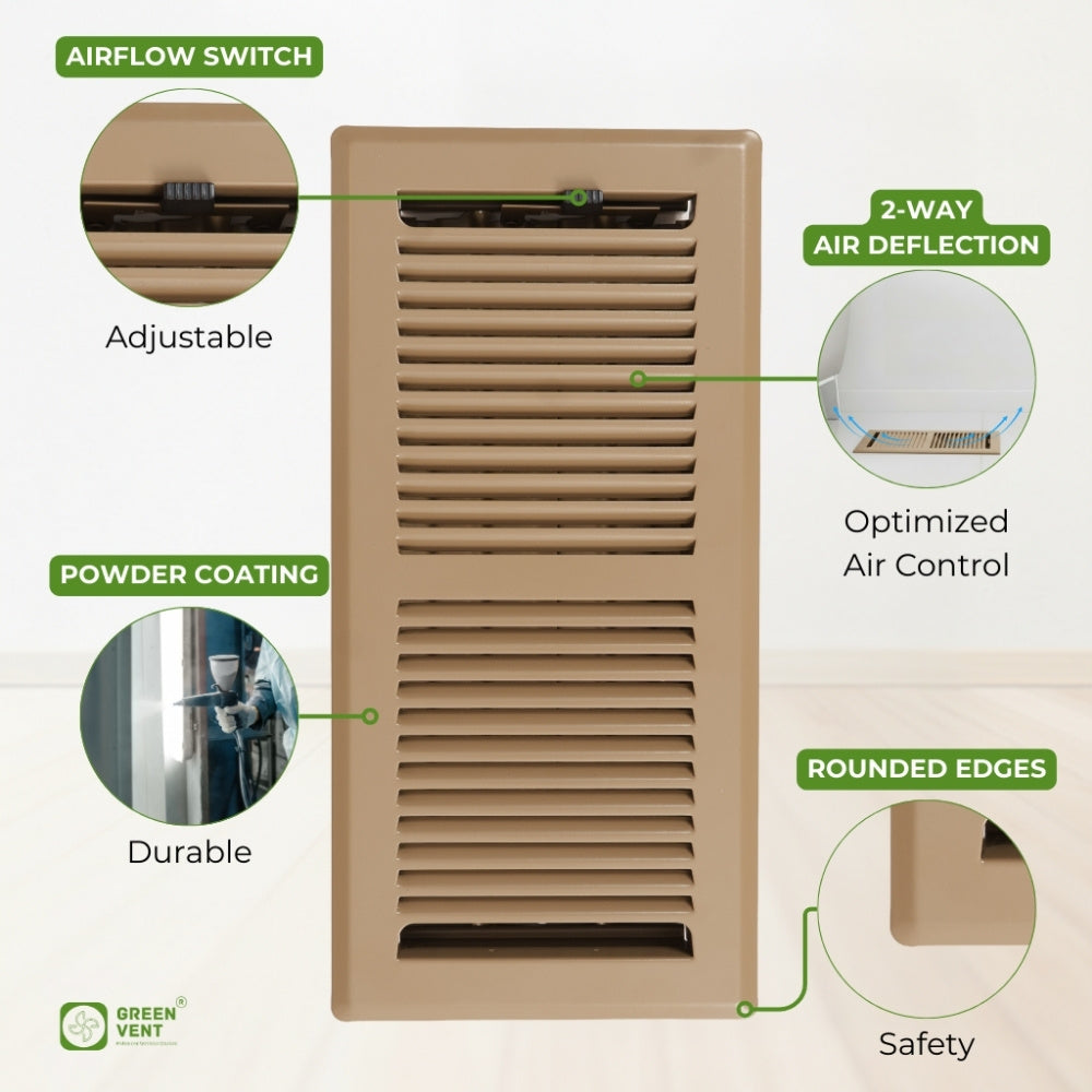 4x10 Steel Brown Floor Register Pack 2 – 2 Way Airflow, With Removable Mesh Filter, Dust & Bug Protection
