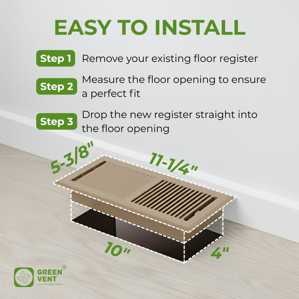 4x10 Steel Brown Floor Register Pack 2 – 2 Way Airflow, With Removable Mesh Filter, Dust & Bug Protection