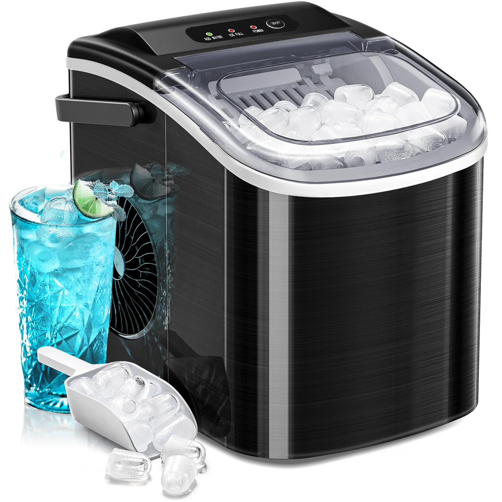 Countertop Ice Maker Machine with Handle, 9 Bullet-Shaped Ice Cubes Ready in 6 Mins, 26Lbs/24H, Self-Cleaning Function with Ice Scoop and Basket for Home/Kitchen/Party (Grey)