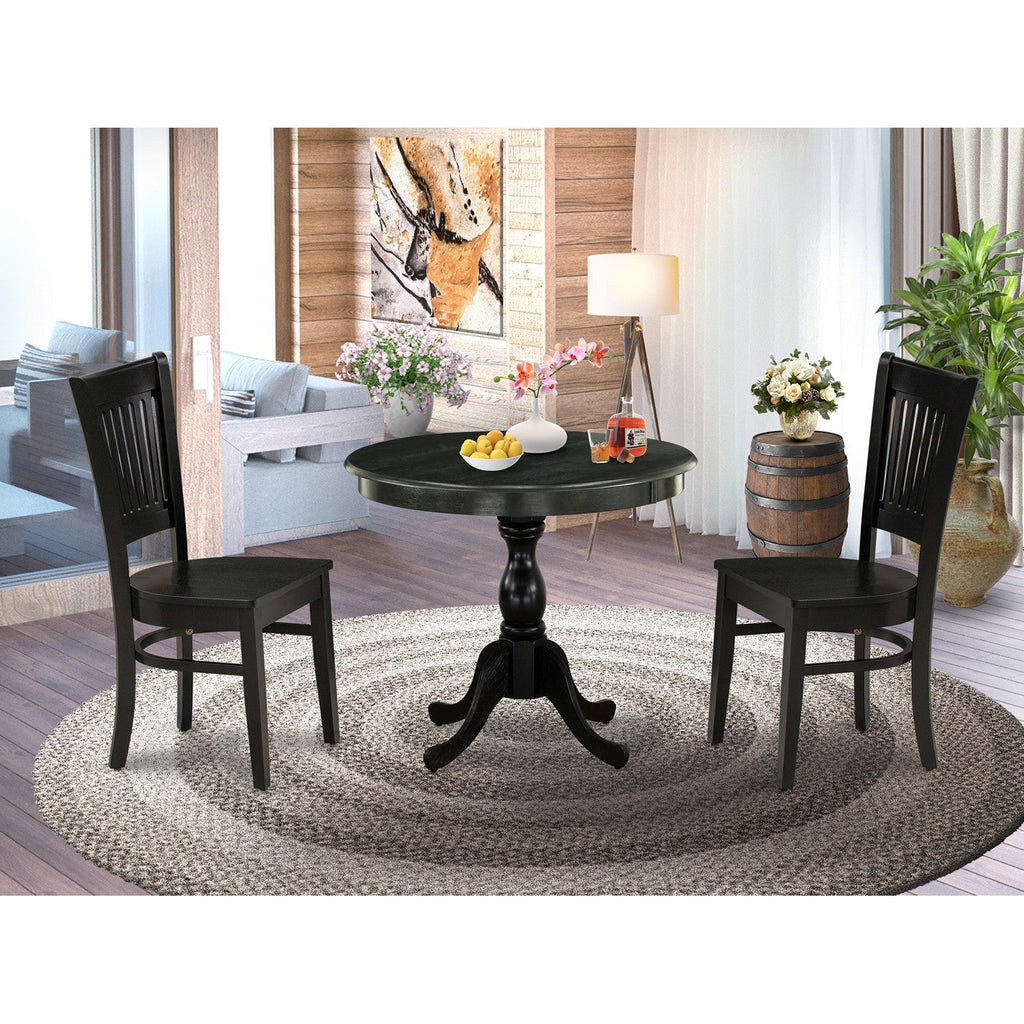 EAST WEST FURNITURE - AMVA3-BLK-W - 3-Pc Dinette Room Set- 2 Modern Dining Room Chair and Kitchen Dining Table - Wooden Seat and Slatted Chair Back (Black Finish)