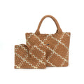 The Charli | Large Woven Neoprene Tote with Wristlet | Almond with Gold Stripe