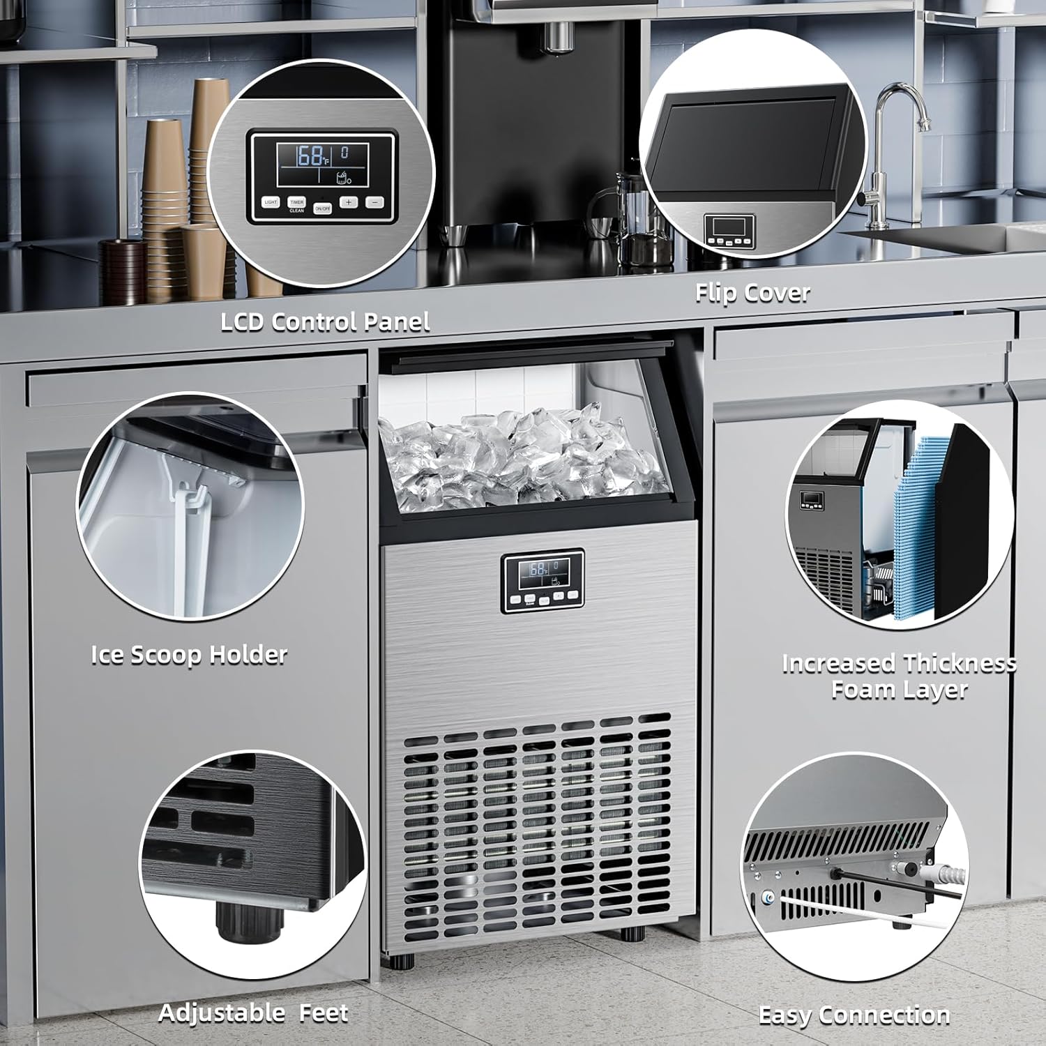 Commercial Ice Maker Machine,100lbs/24H Moon-Shaped Ice Machine with 28 Lbs Storage Capacity