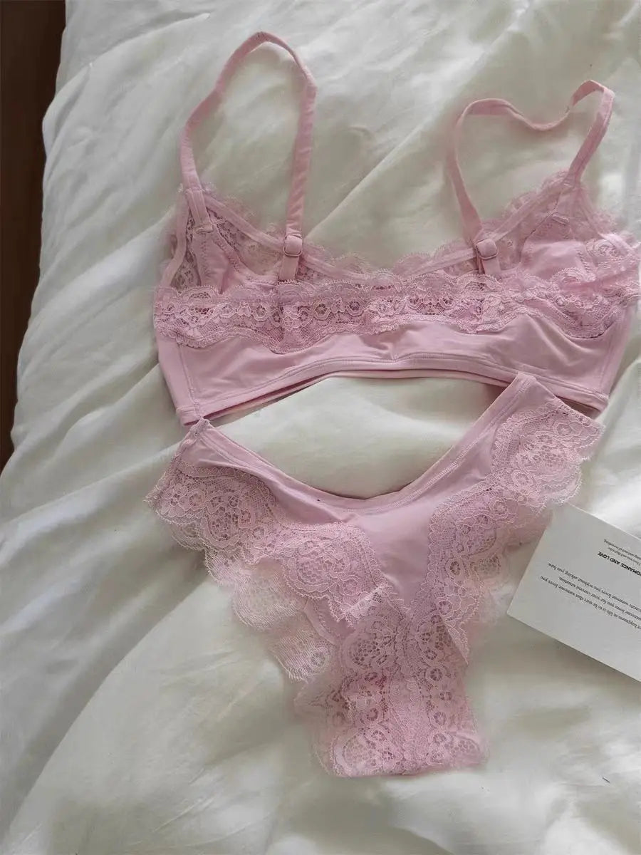 Pink Lace Bra Set Woman Adjusted-strap Seamless Bras+Low Waist Panties Female Casual Simple Solid High Elasticity Lingerie Sets