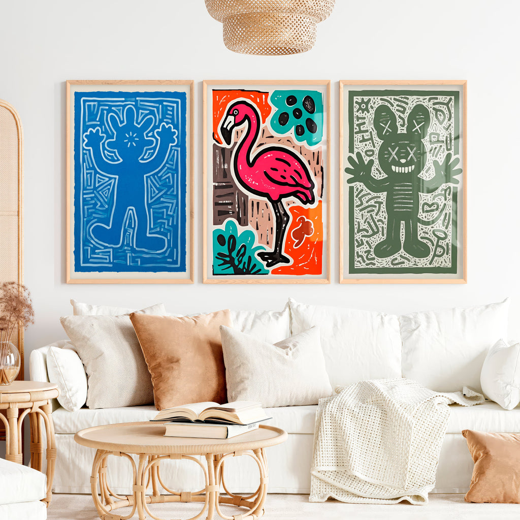 Abstract Colourful Prints - Flamingo & Character Art Set of 3