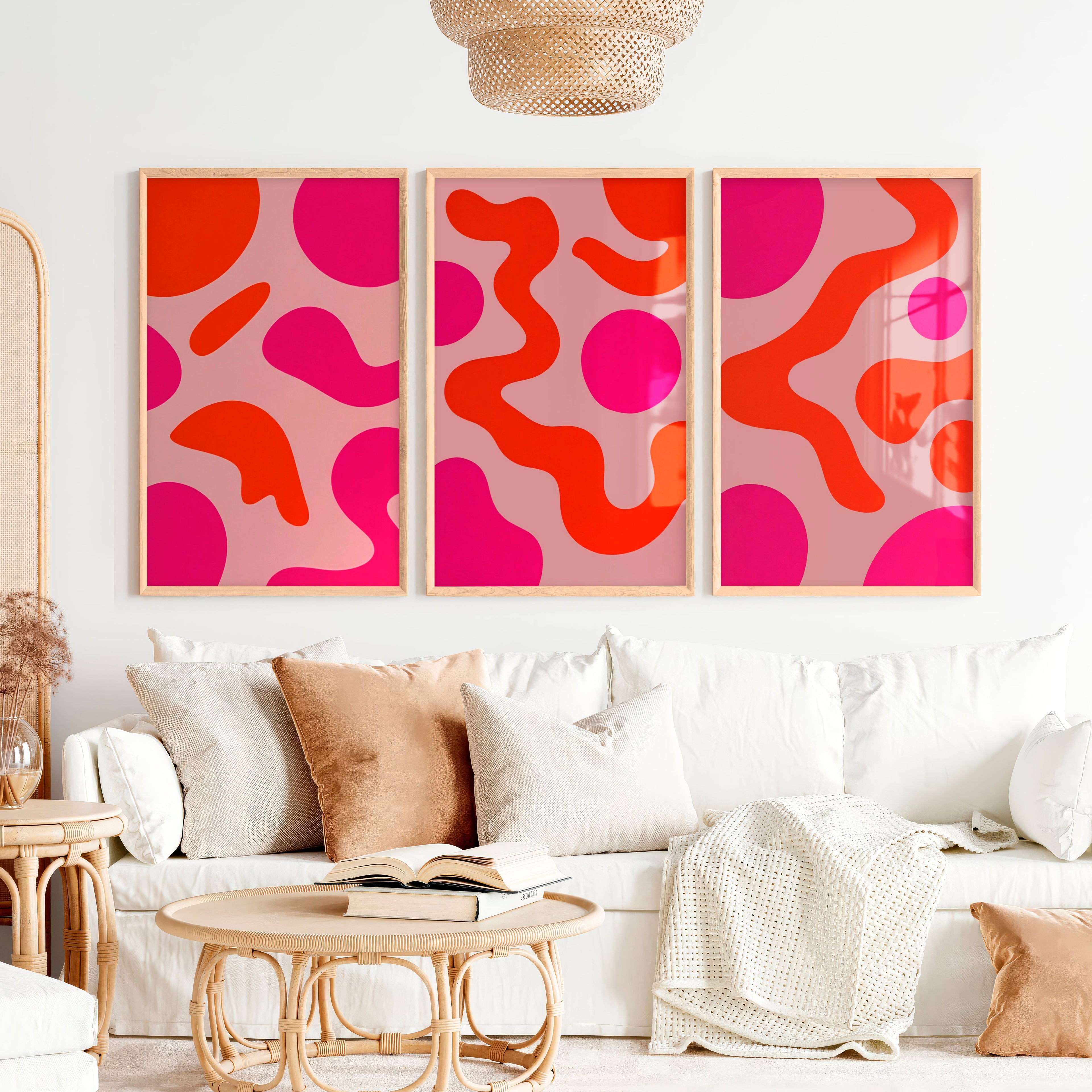 Abstract Colourful Wall Art Pink Orange Modern Set of 3