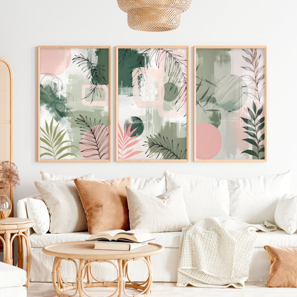 Abstract Floral Artwork in Green and Pink Tones