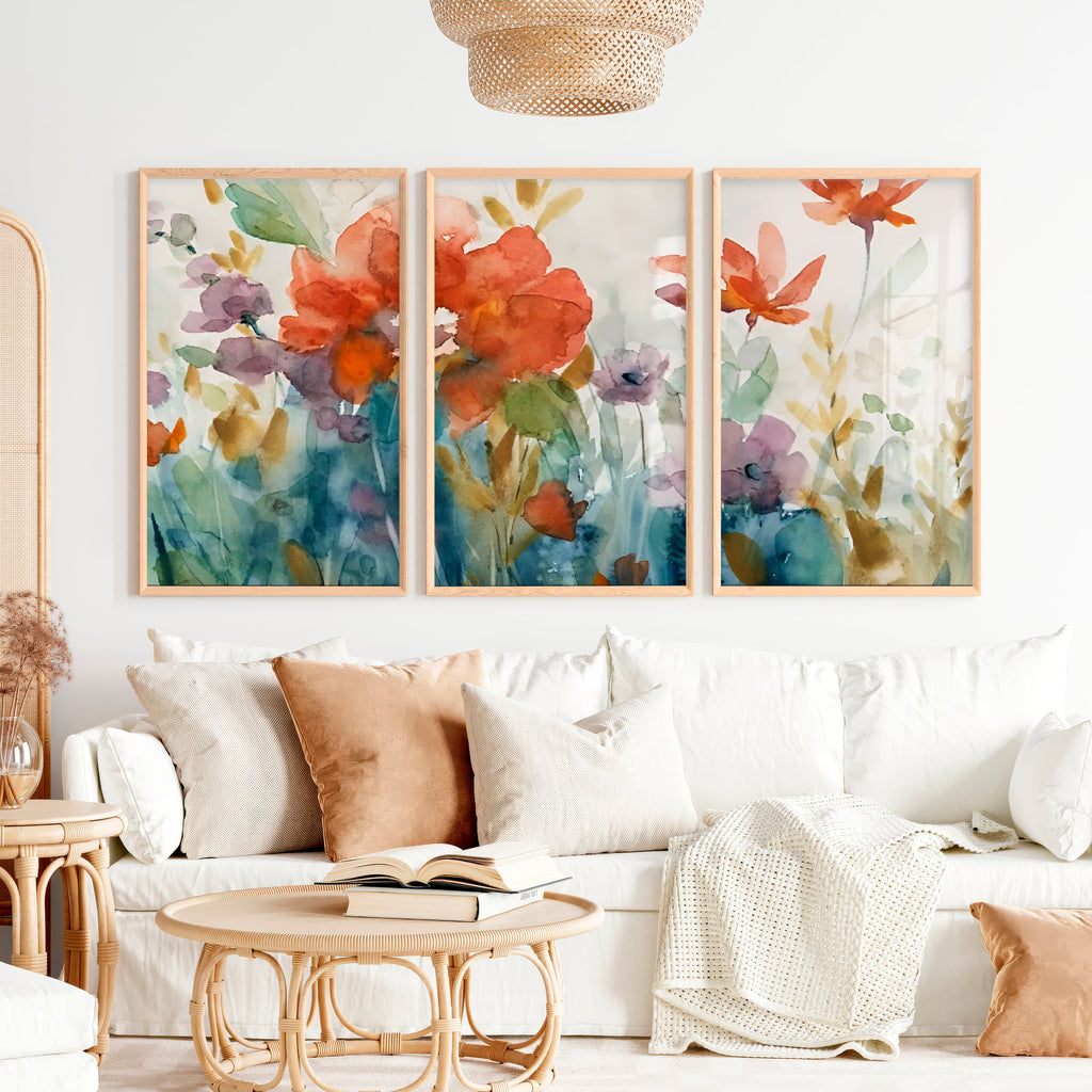 Abstract Flower Paintings Triptych - Watercolor Floral Wall Art