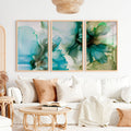 Abstract Flower Print Triptych - Green Fluid Art Wall Decor