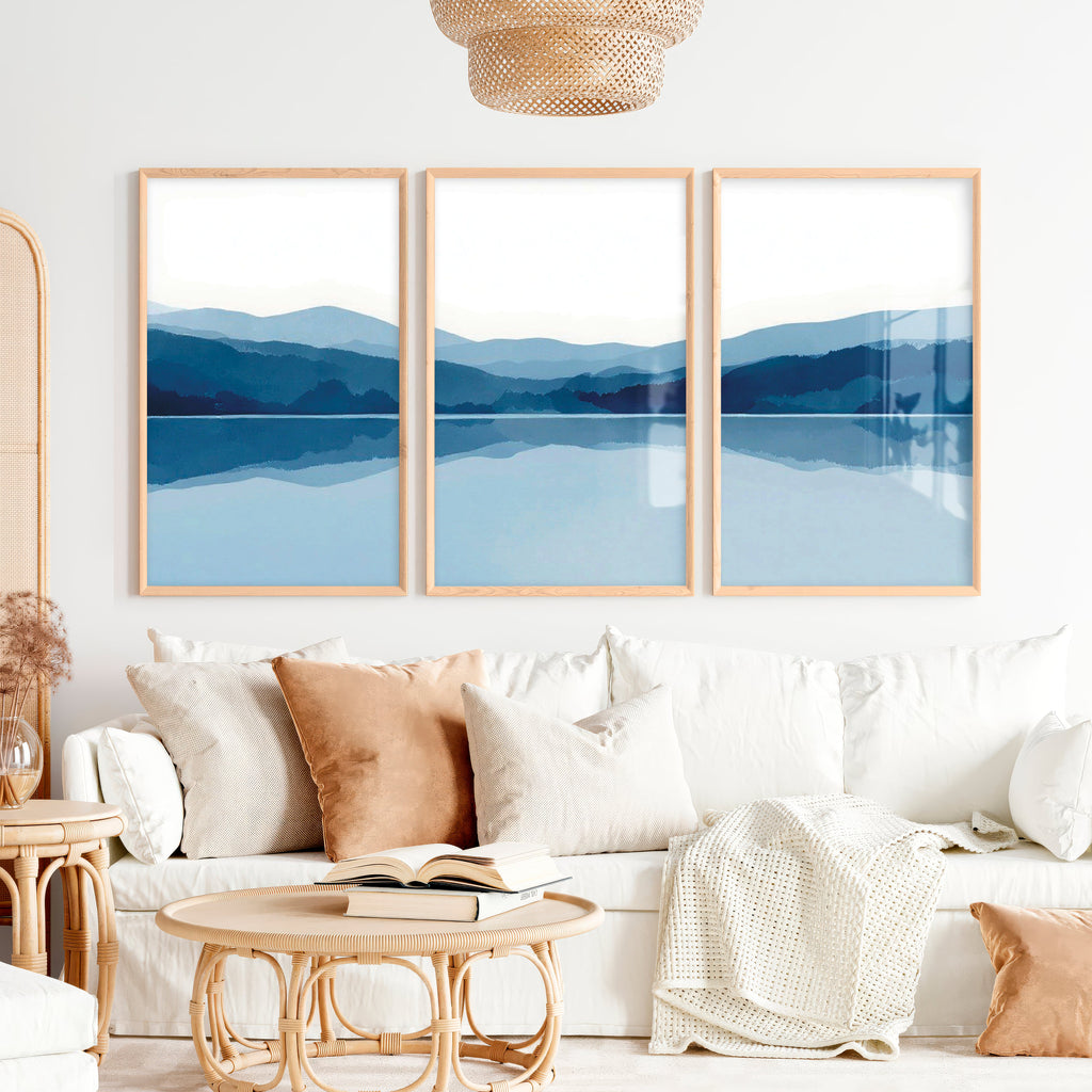Abstract Landscape Art Prints Set of 3 - Modern Blue Mountain Triptych
