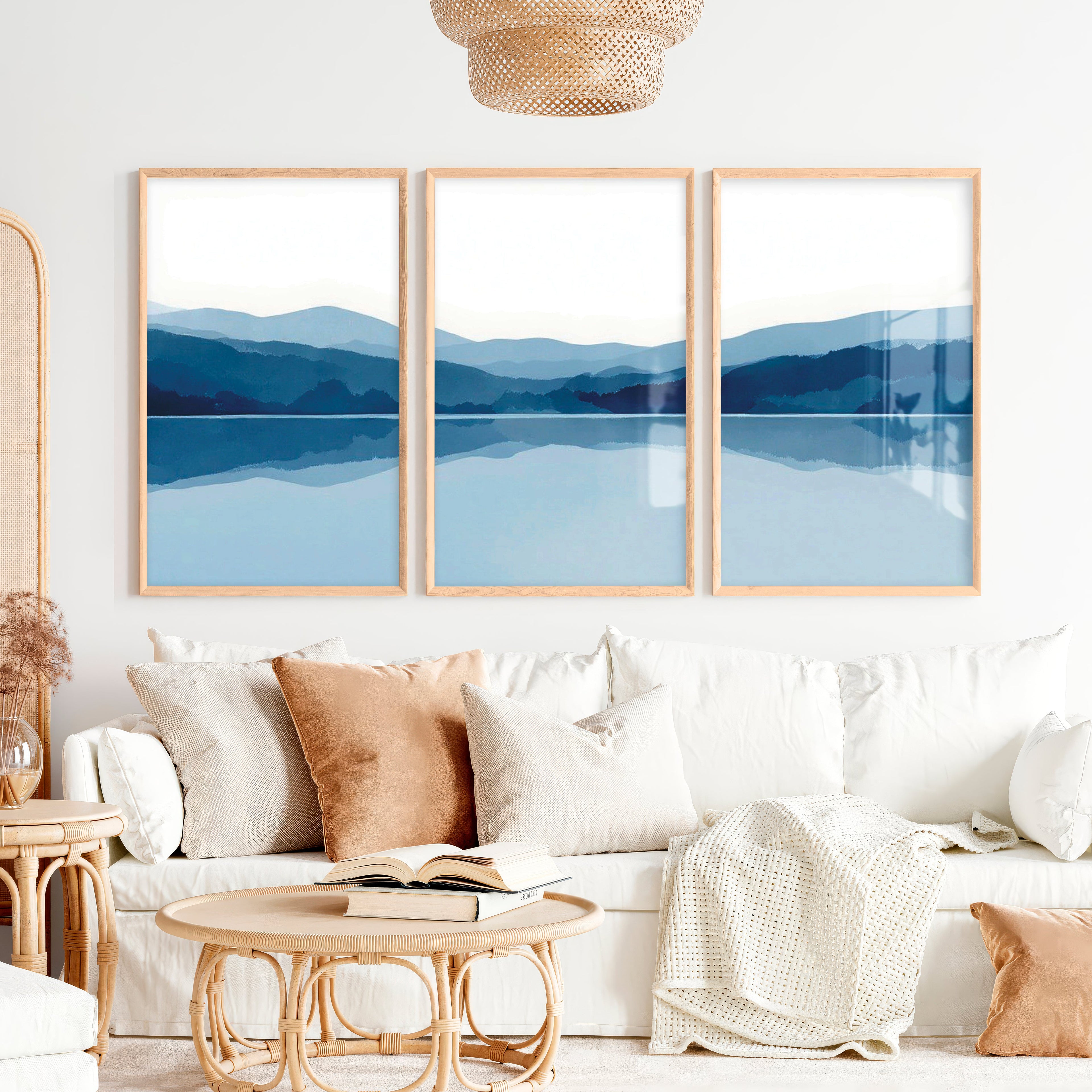 Abstract Landscape Art Prints Set of 3 - Modern Blue Mountain Triptych