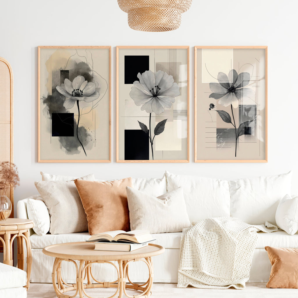 Abstract Painting with Flowers - Modern Floral Wall Art Triptych