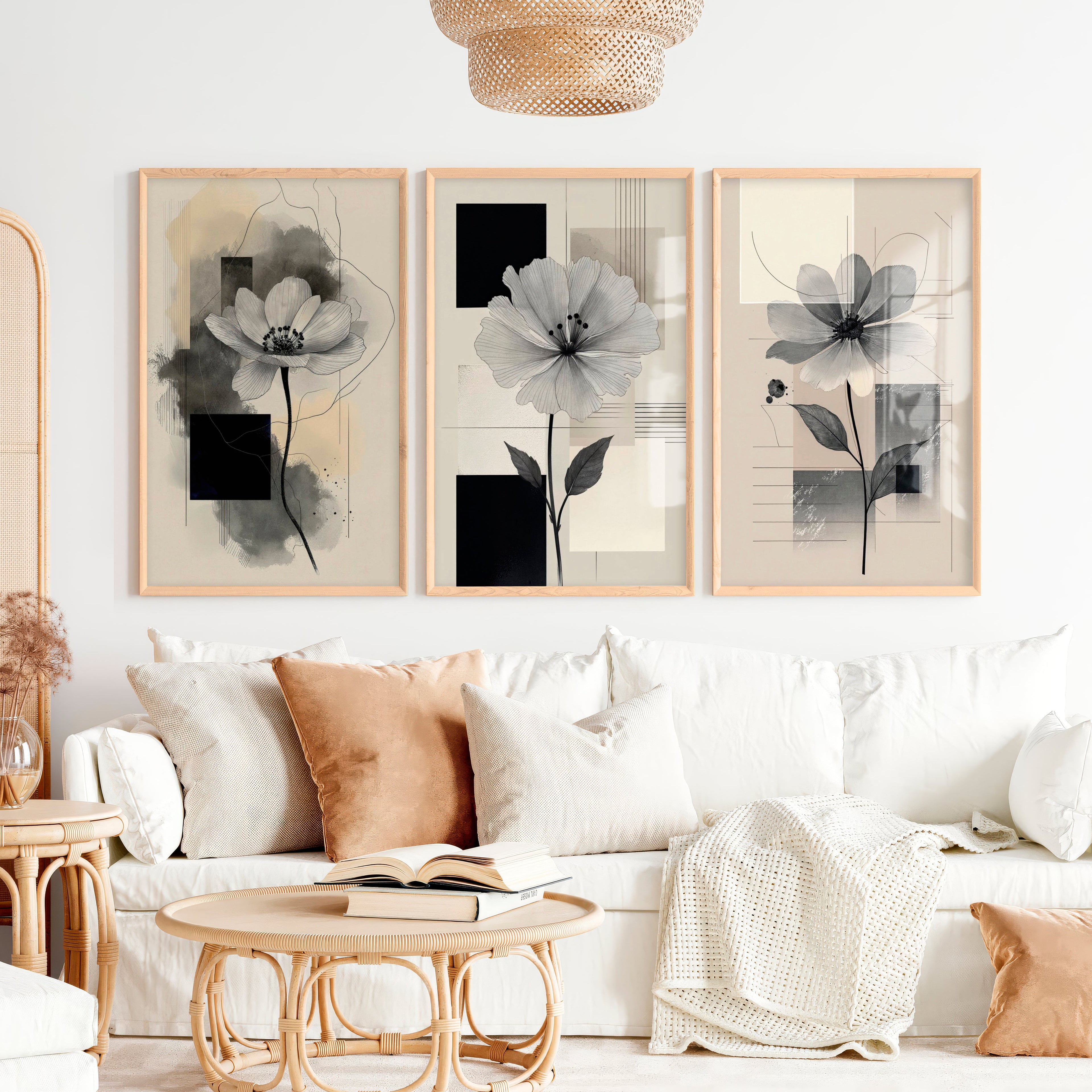 Abstract Painting with Flowers - Modern Floral Wall Art Triptych