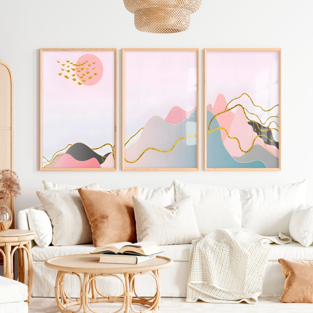 Abstract Pink Painting Triptych. Modern Pastel Wall Art