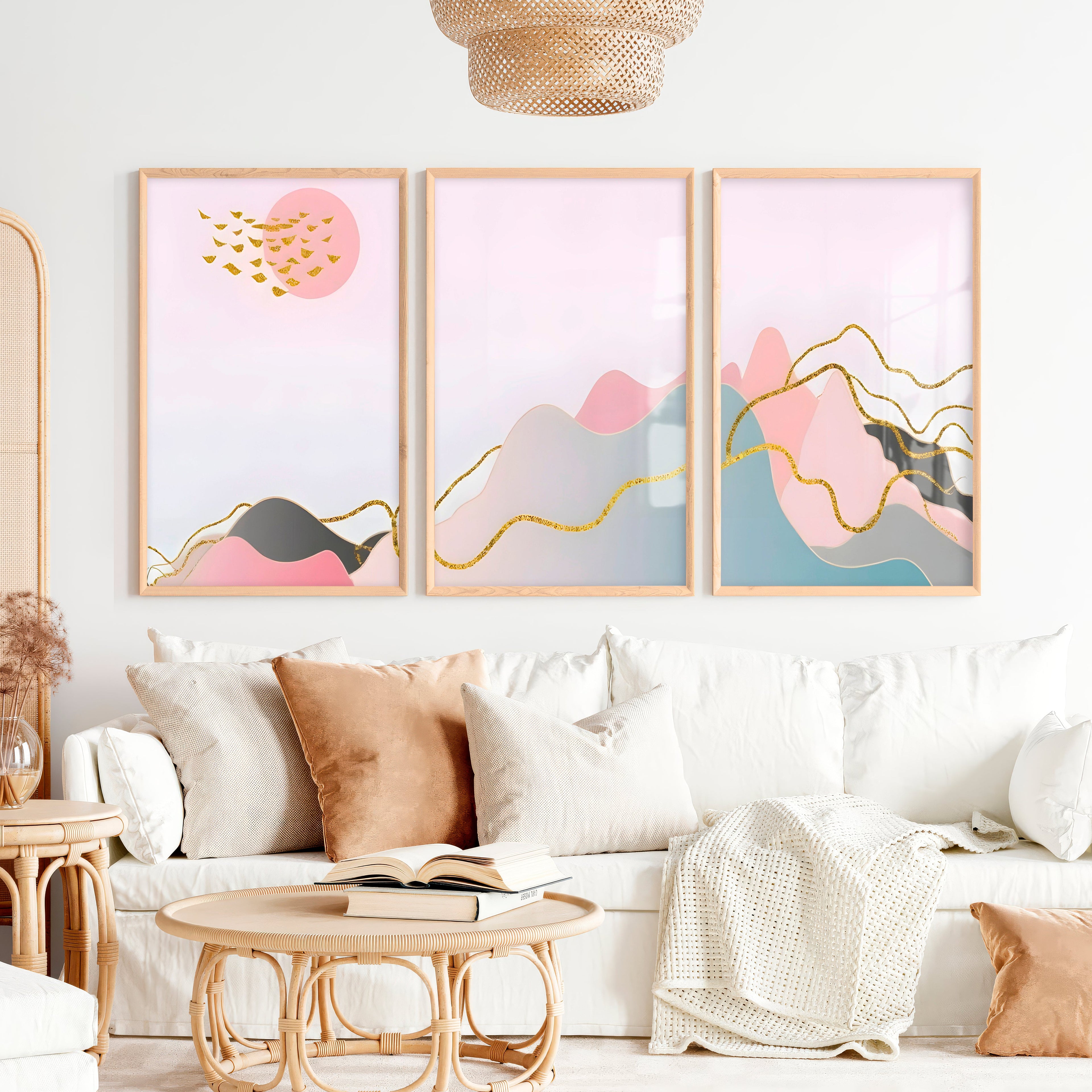Abstract Pink Painting Triptych. Modern Pastel Wall Art