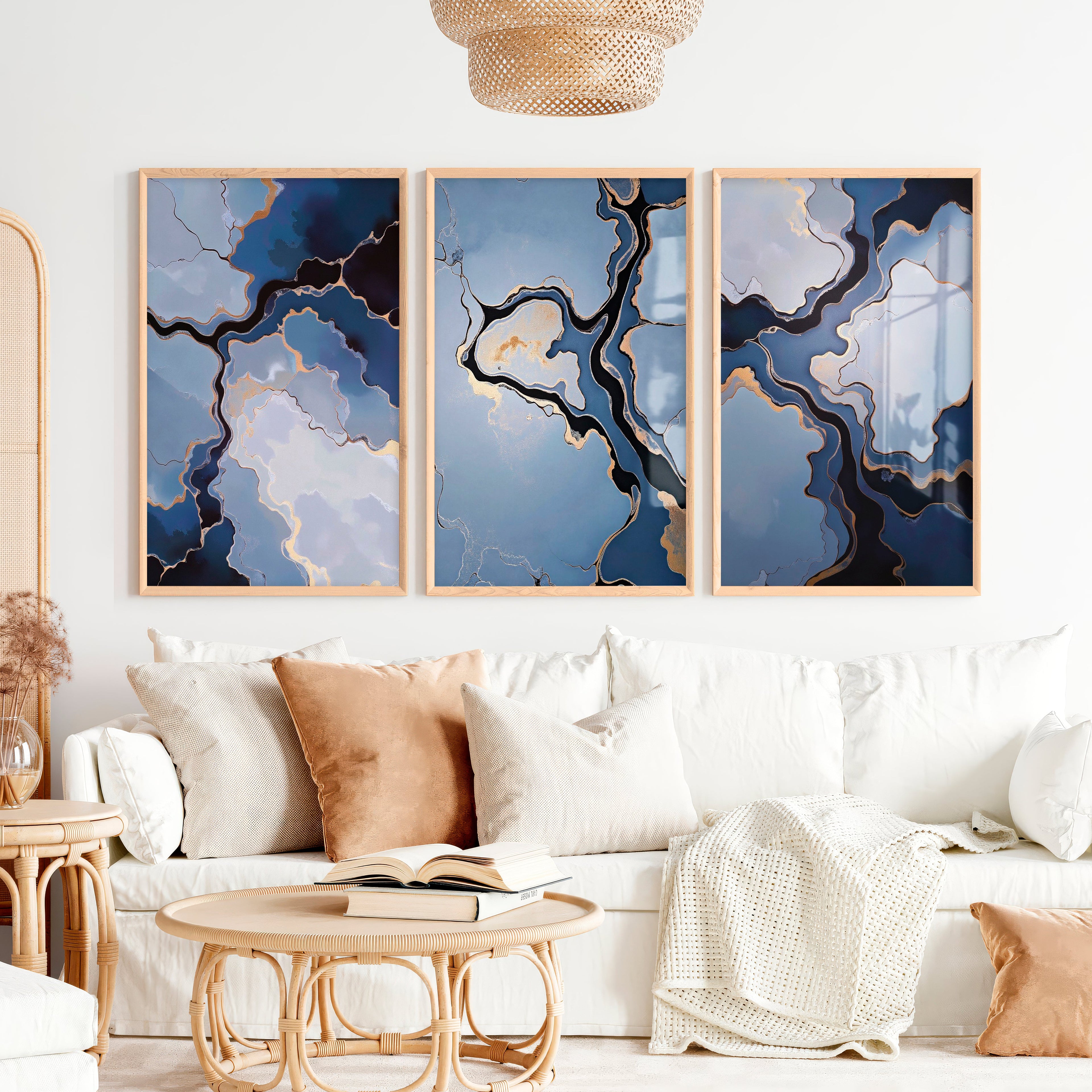 Abstract Poster Blue Gold Modern Art Set of 3