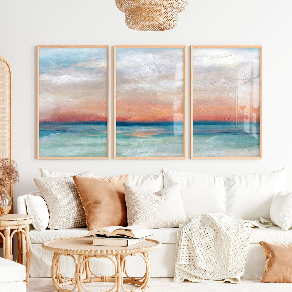 Abstract Seascape Paintings - Coastal Sunset Triptych Wall Art