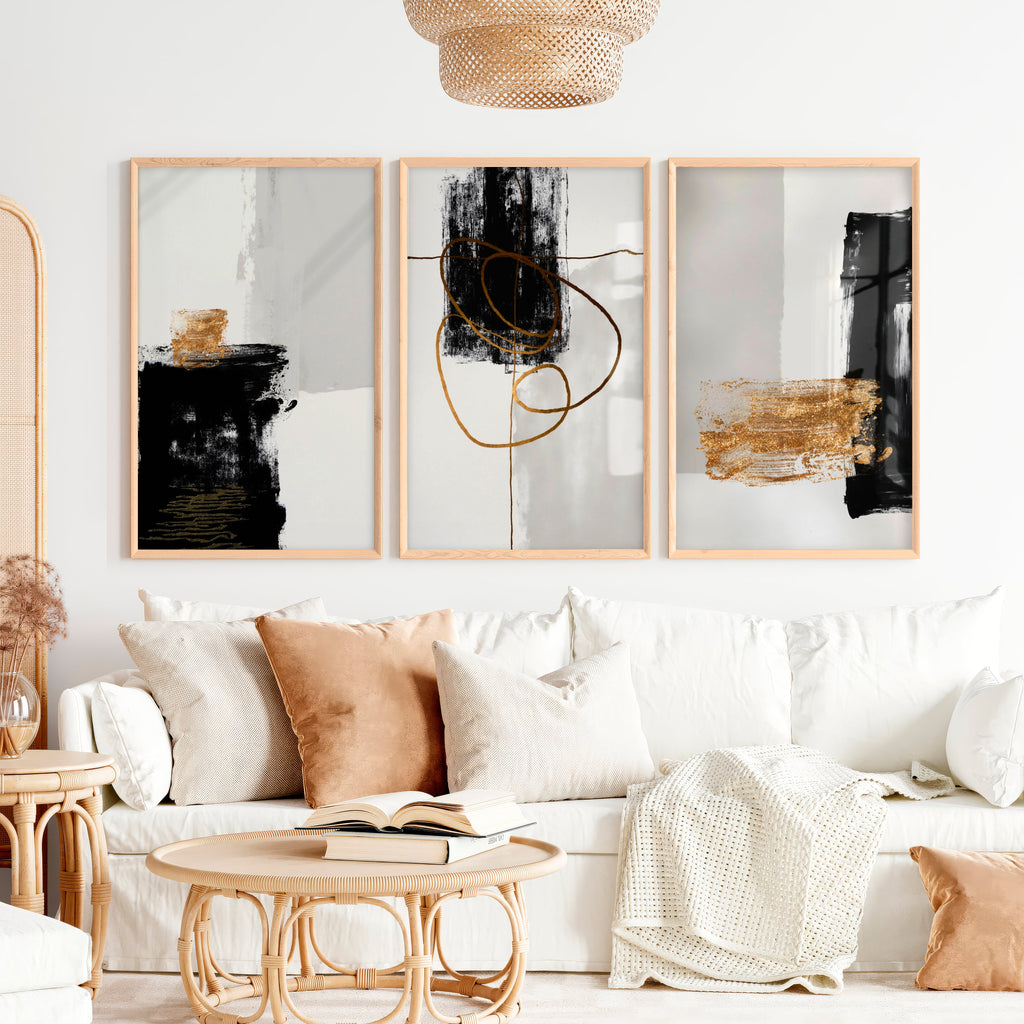 Abstract Wall Decor Black Gold Modern Painting Set of 3