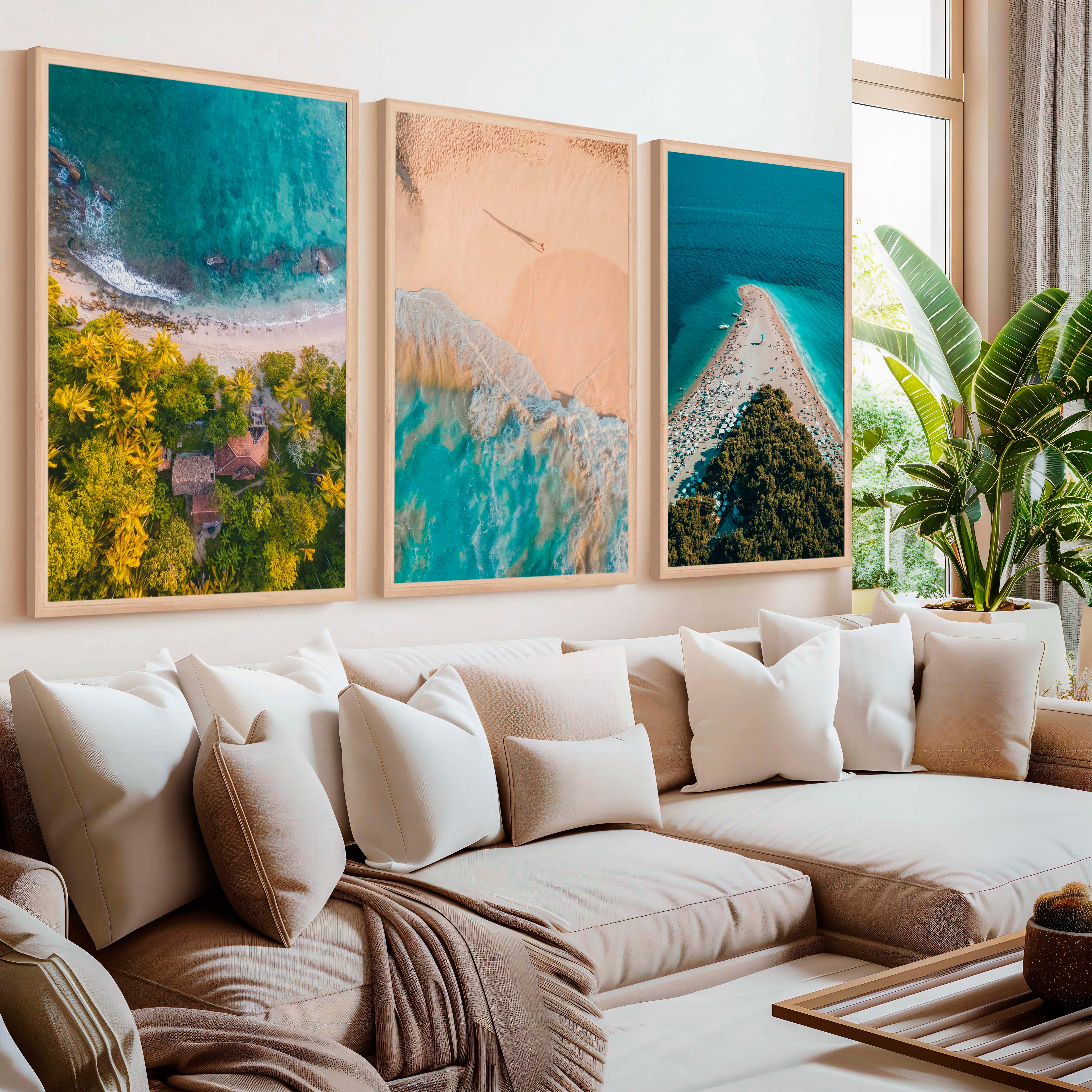 Aerial Coastal Wall Art Set – Ocean, Trees, and Beach Patterns