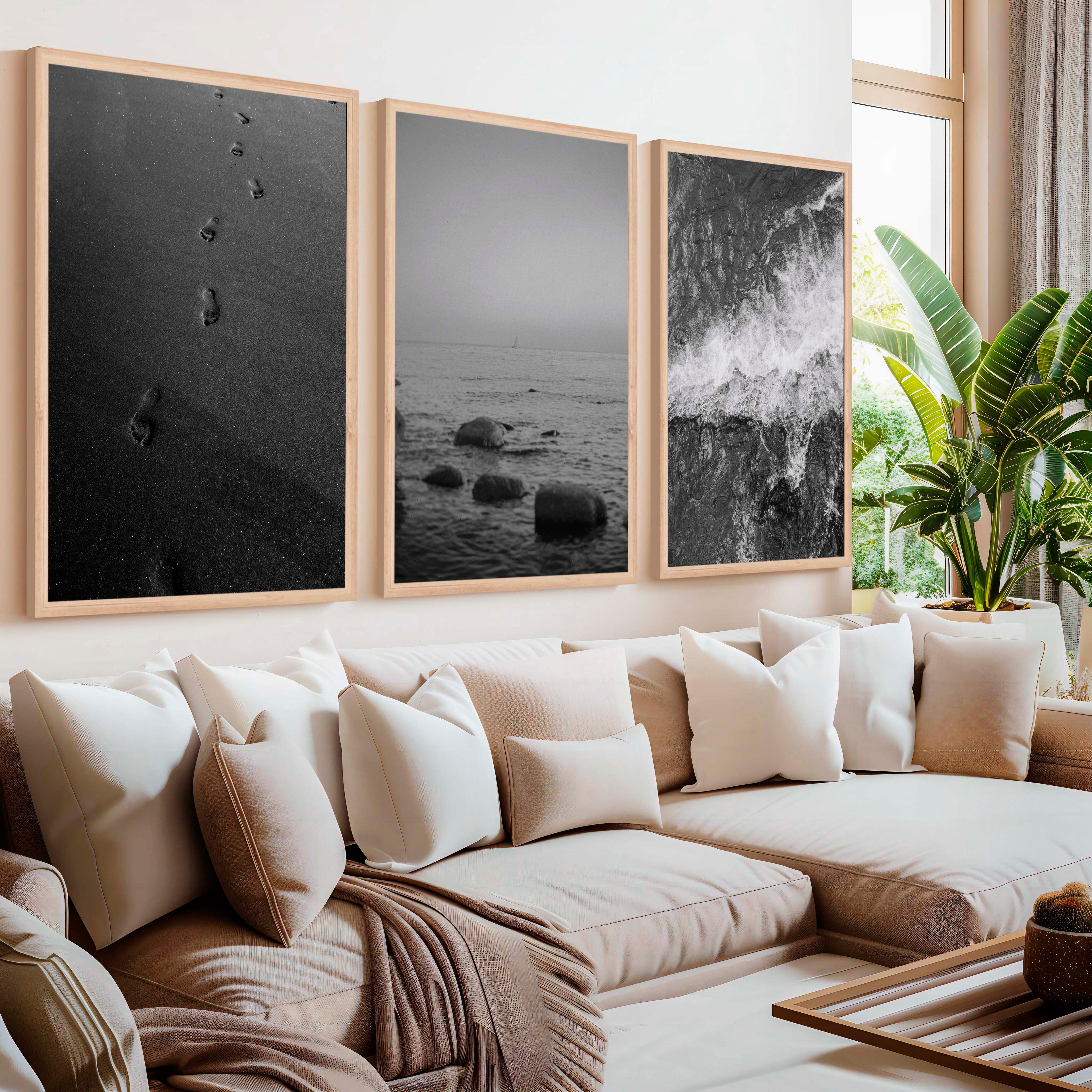 Beach Wall Art – Black & White Coastal Print Set (3 Pieces)