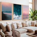 Beach Wall Art – Pink Sunset Over Ocean Shore (Set of 3)