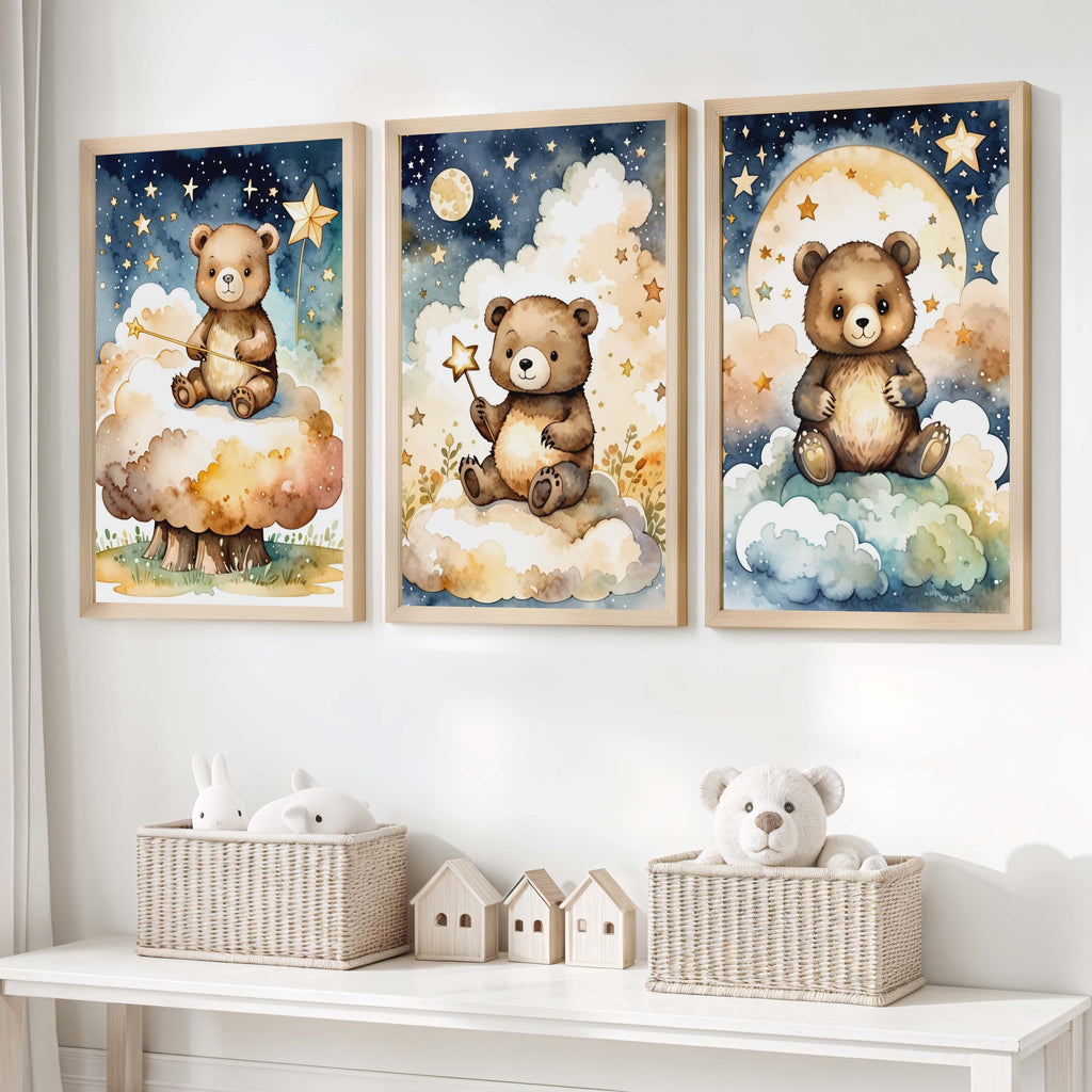 Bear Nursery Wall Decor – Starry Night Print Set (3 Pieces)