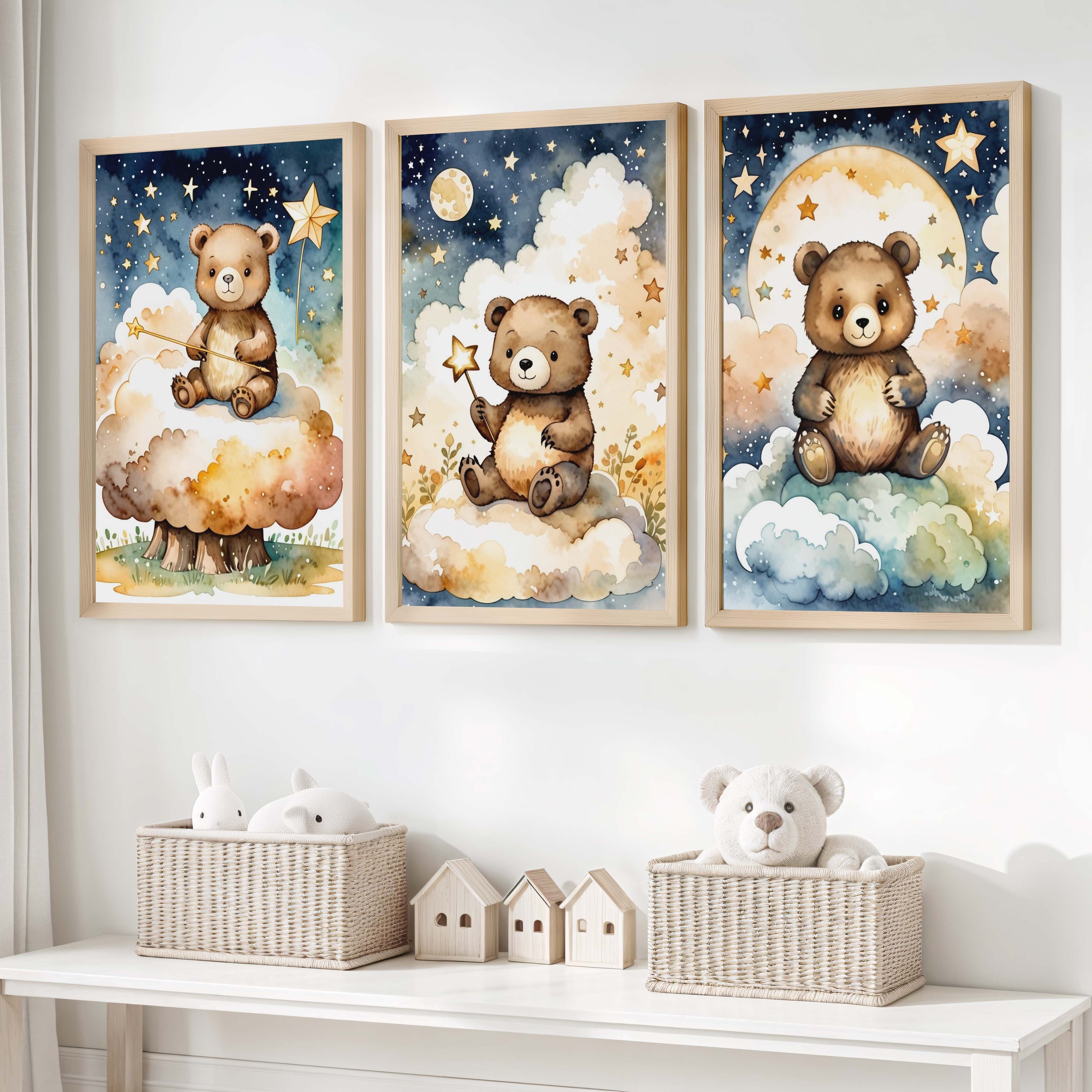 Bear Nursery Wall Decor – Starry Night Print Set (3 Pieces)