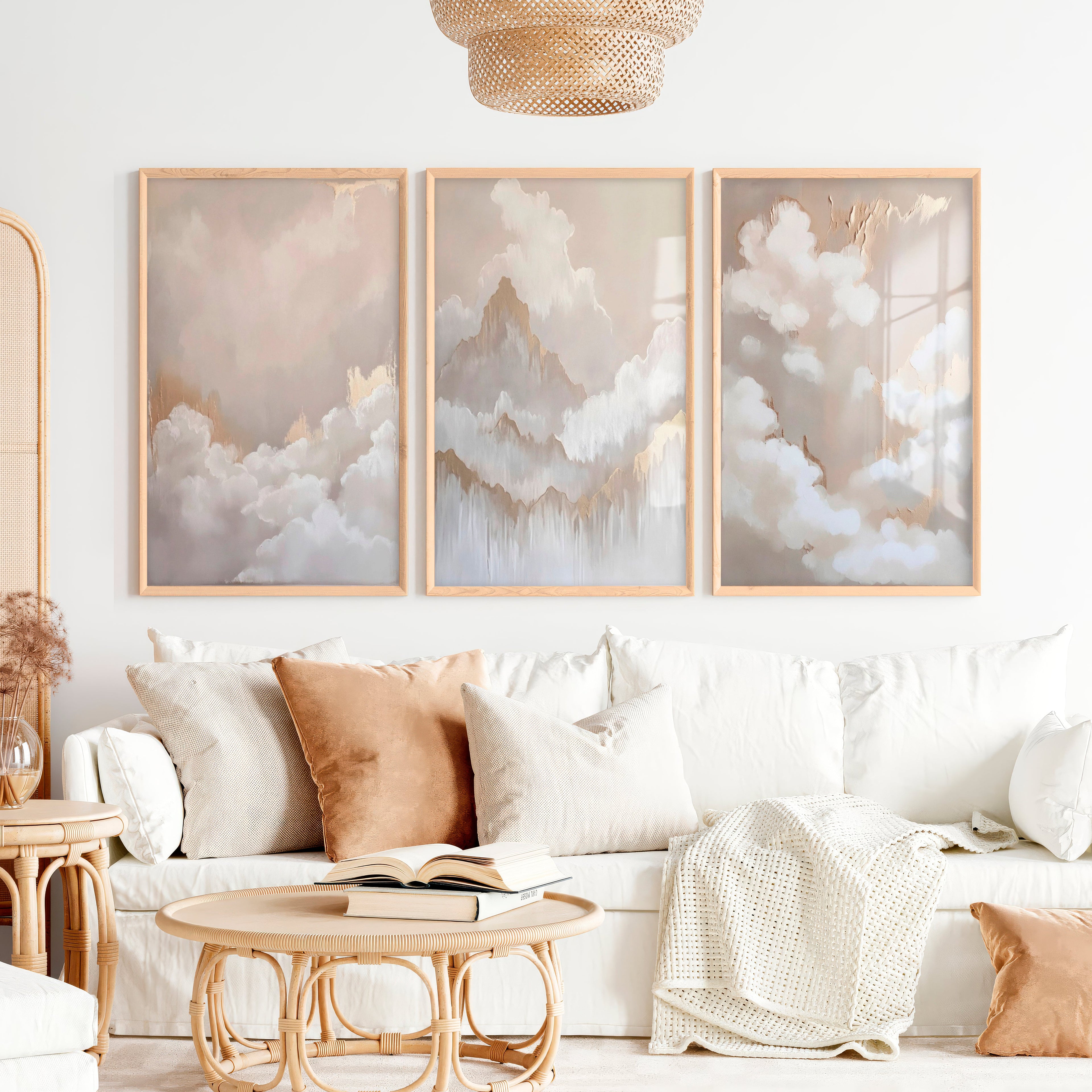 Elegant Beige Abstract Painting Triptych Wall Art