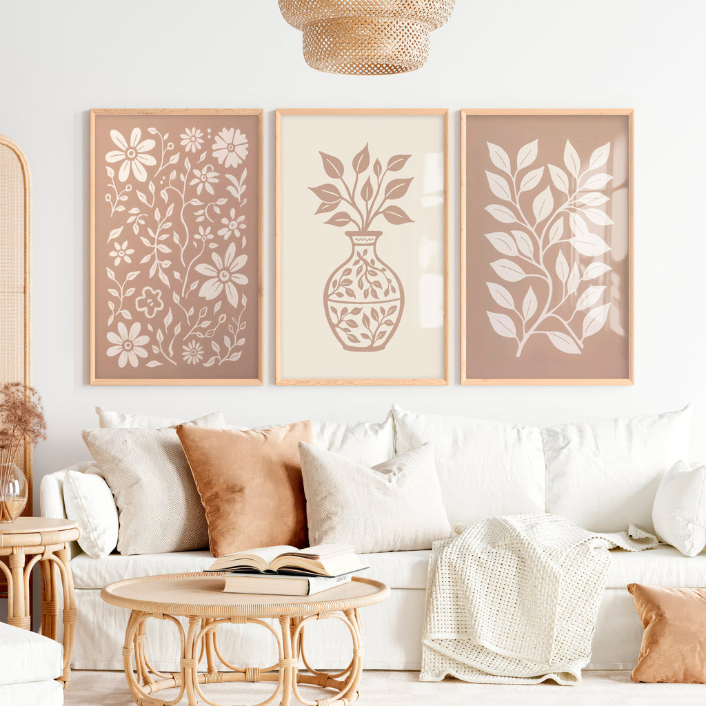 Beige Boho Abstract Painting - Neutral Floral Wall Art