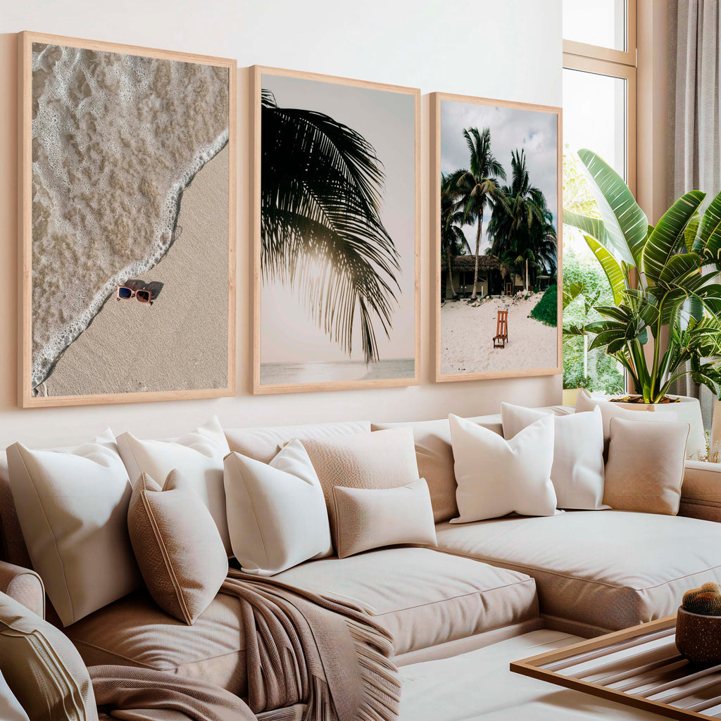 Big Beach Wall Art – Tropical Palm & Sand Print Set (3 Pieces)