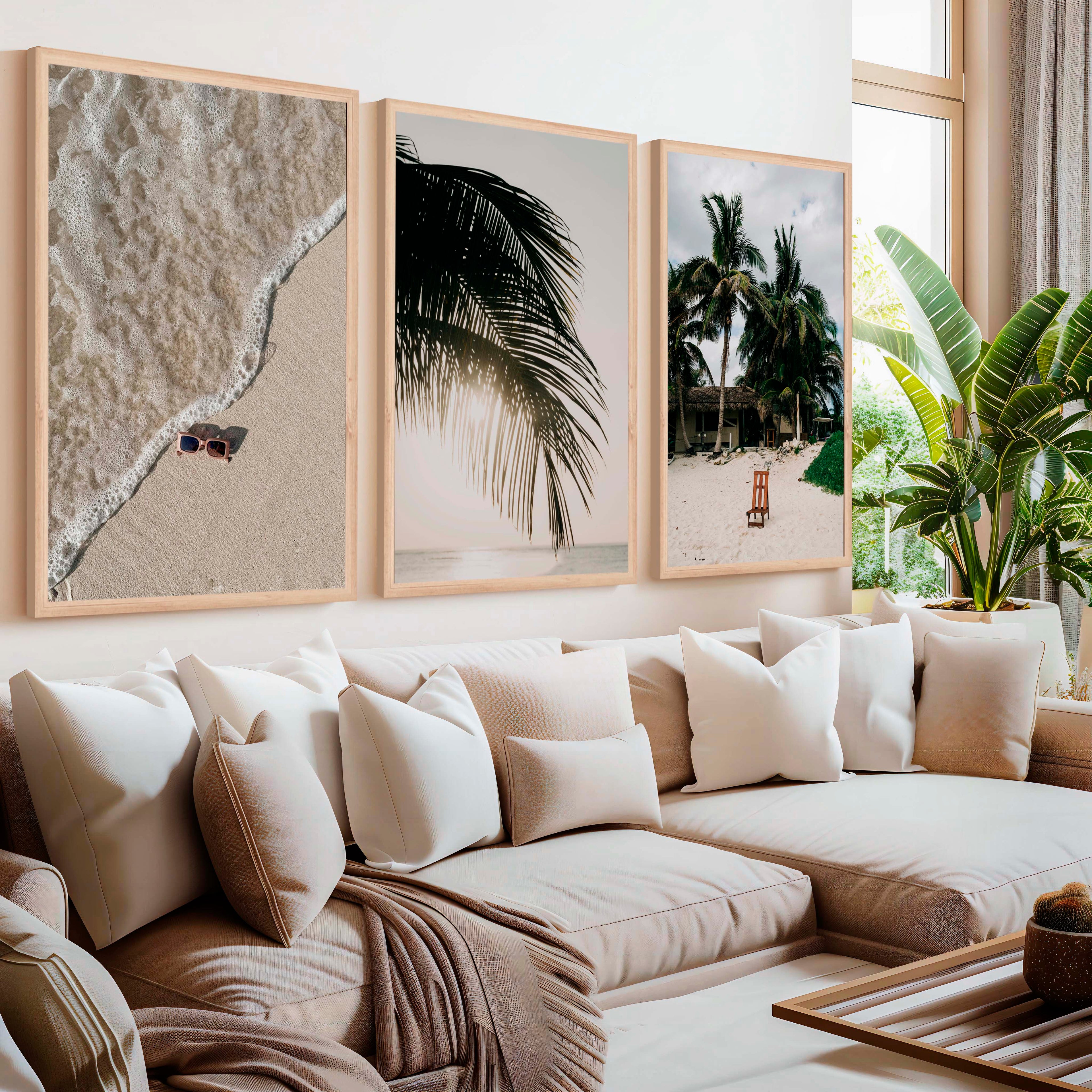 Big Beach Wall Art – Tropical Palm & Sand Print Set (3 Pieces)
