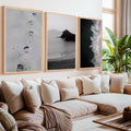 Black and White Beach Art Prints – Footsteps in Sand, Coastal Solitude, Dramatic Waves (Set of 3)