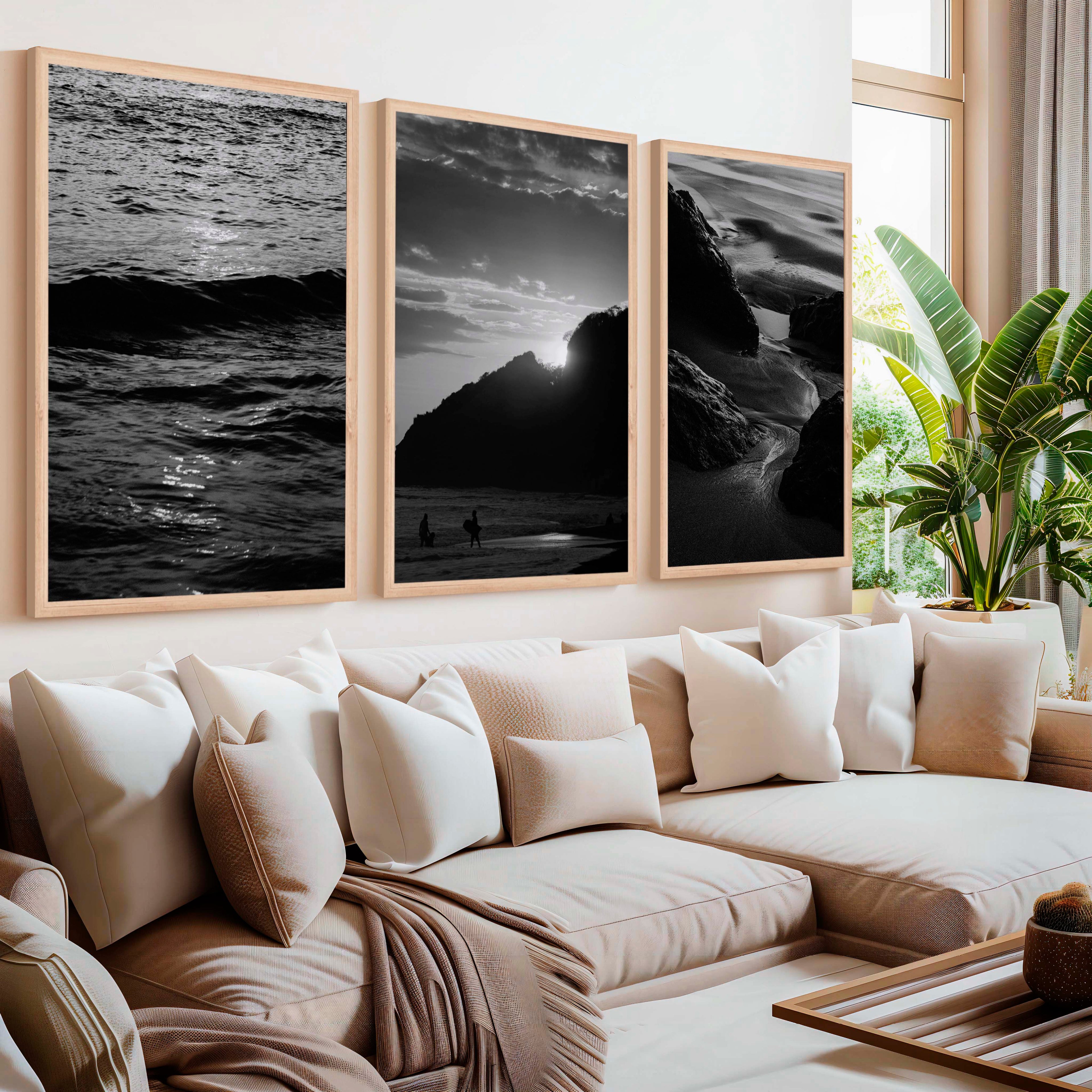 Black and White Coastal Prints – Ocean, Mountain & Rock Textures (Set of 3)