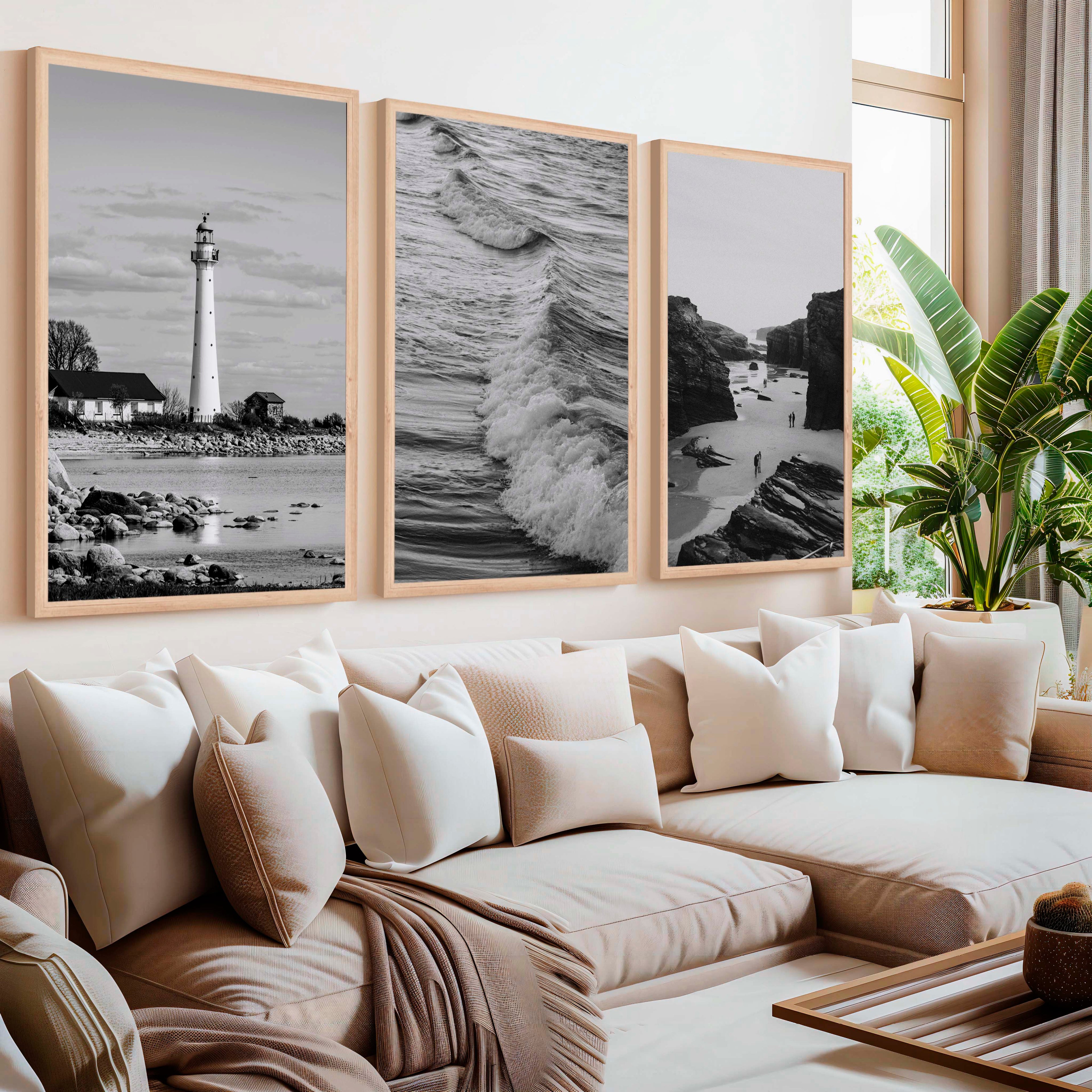 Black & White Beach Wall Decor – Coastal Photography Set (3 Prints)