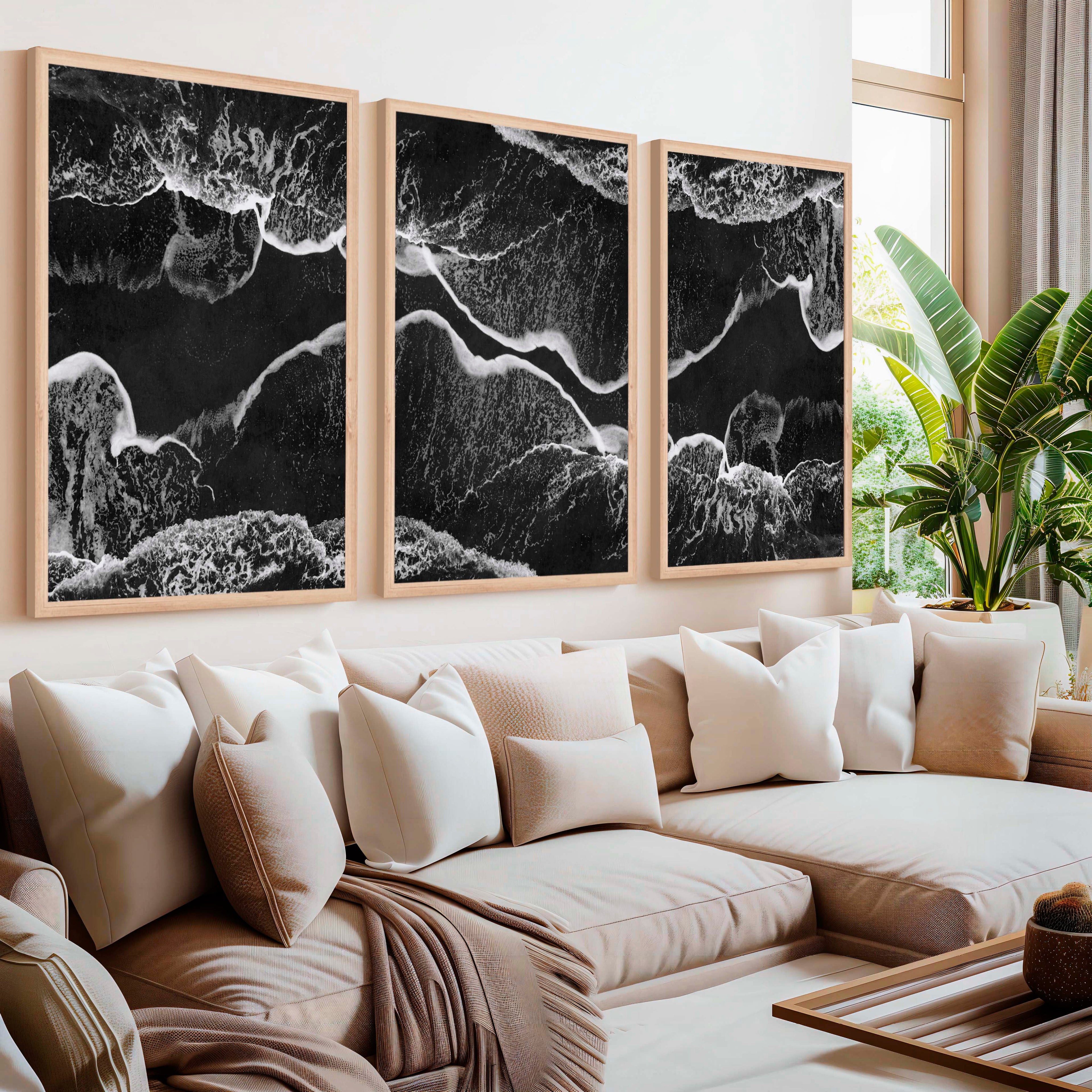 Black and White Coastal Art – Abstract Shoreline Waves