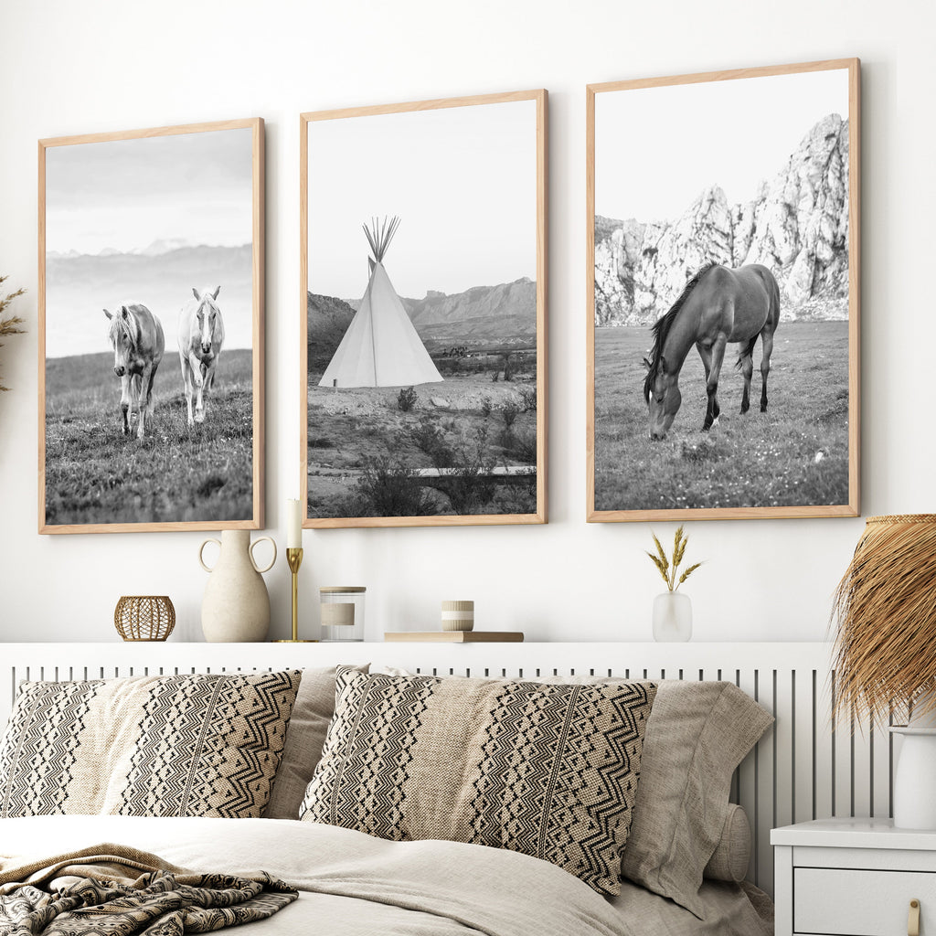 Black White Western Wall Art Set. Desert, Horses, Tepee