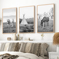 Black White Western Wall Art Set. Desert, Horses, Tepee