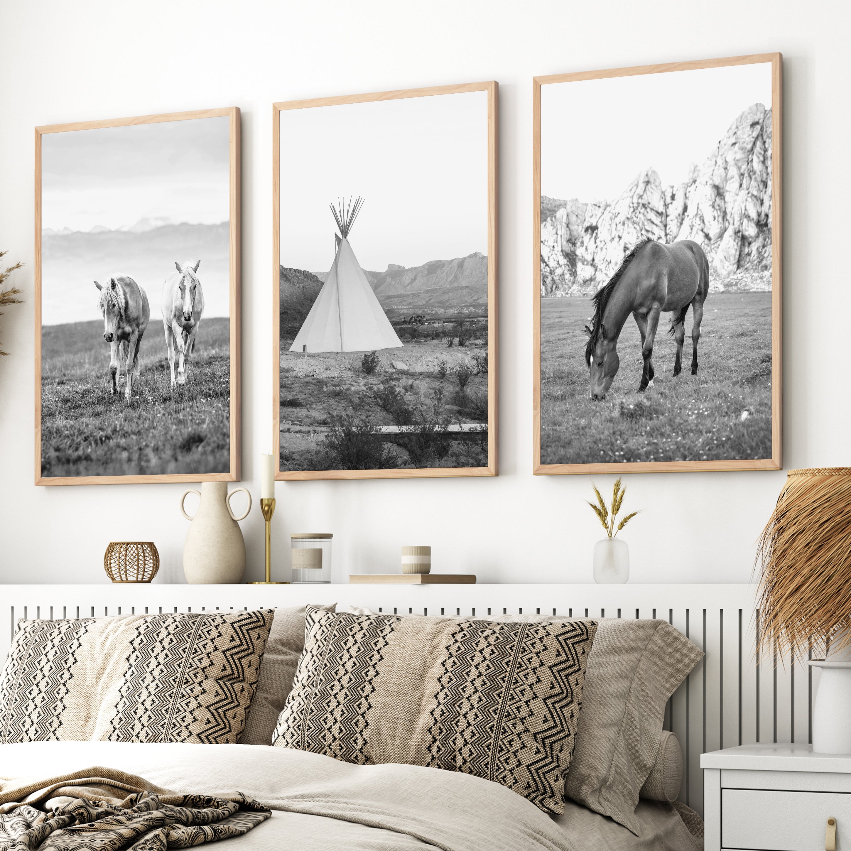 Black White Western Wall Art Set. Desert, Horses, Tepee