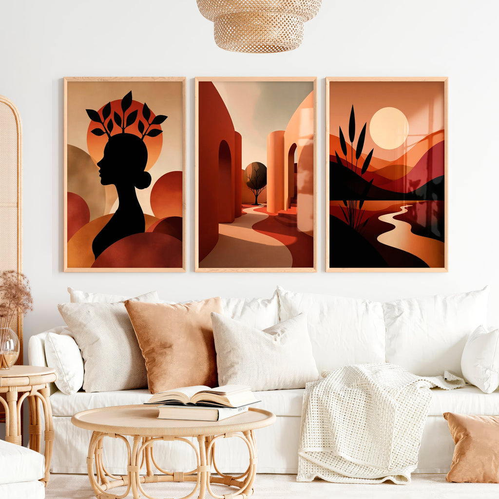 Boho Abstract Wall Art Set of 3 - Modern Warm Earthy Triptych