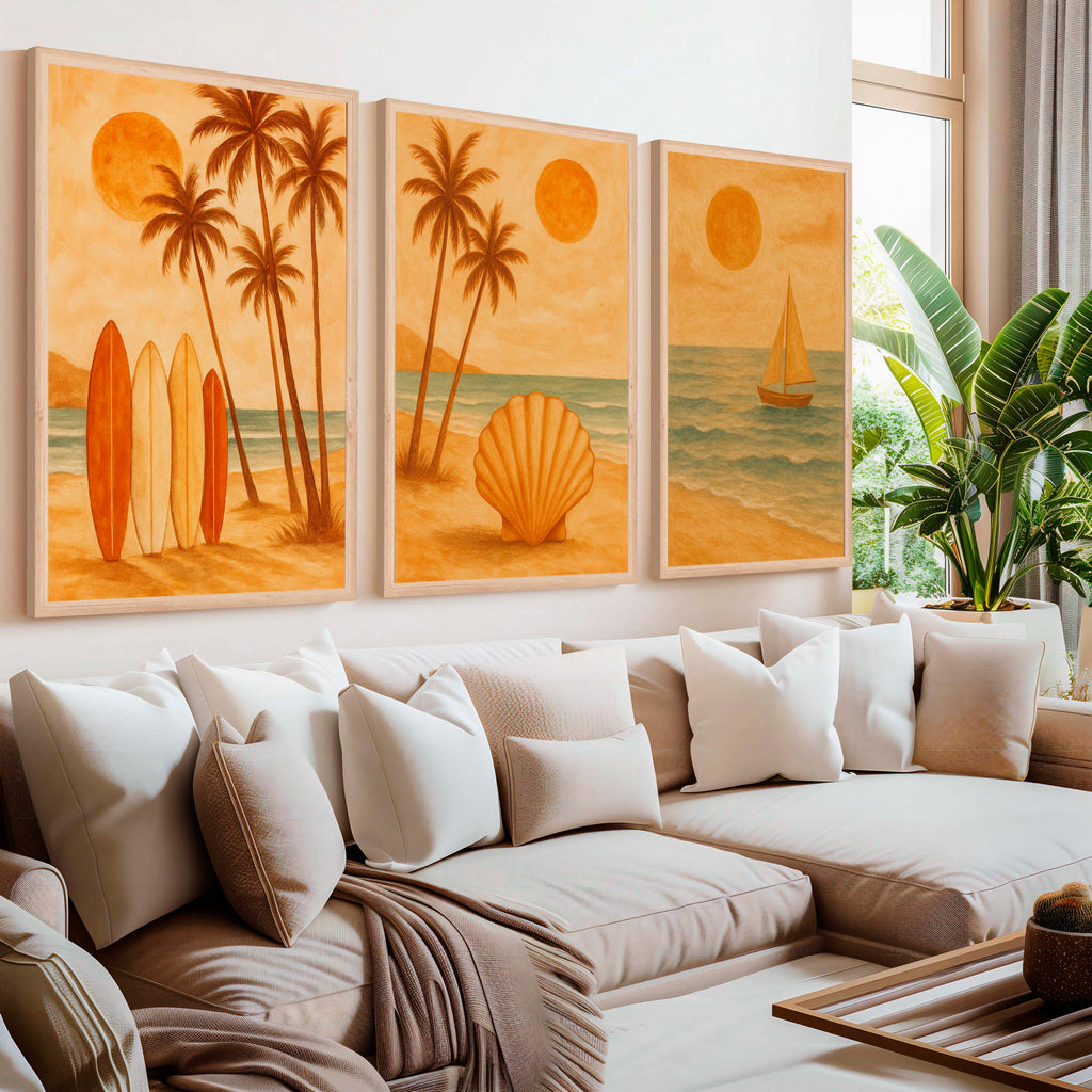 Boho Beach Wall Art – Retro Coastal Print Set (3 Pieces)