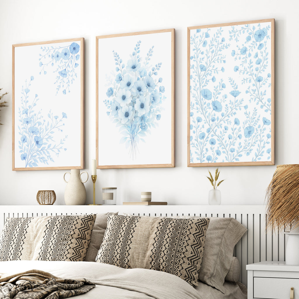 Botanical Art Wall – Blue Floral Bouquet Set of 3