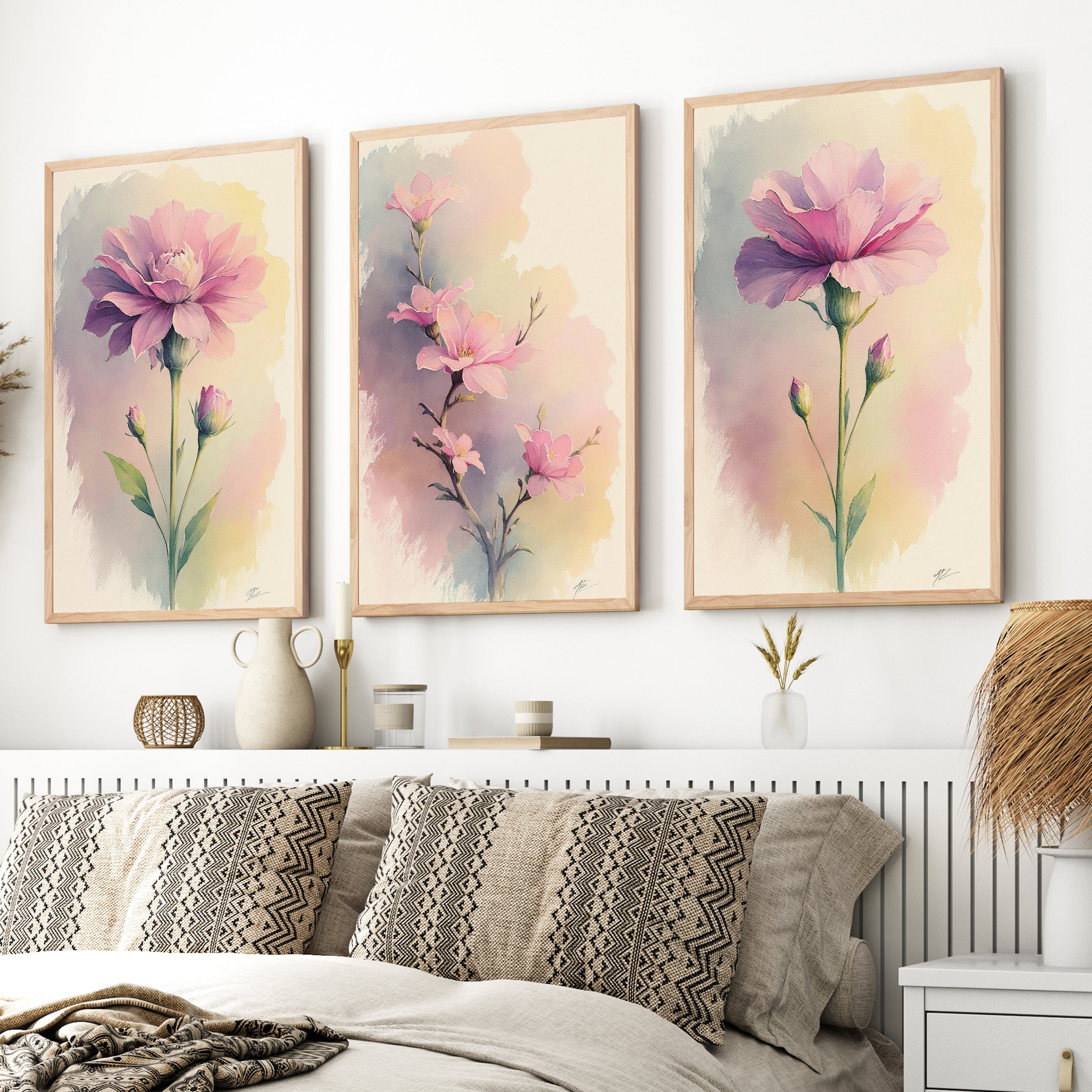 Botanical Artwork Prints – Pink Floral Watercolor Set of 3