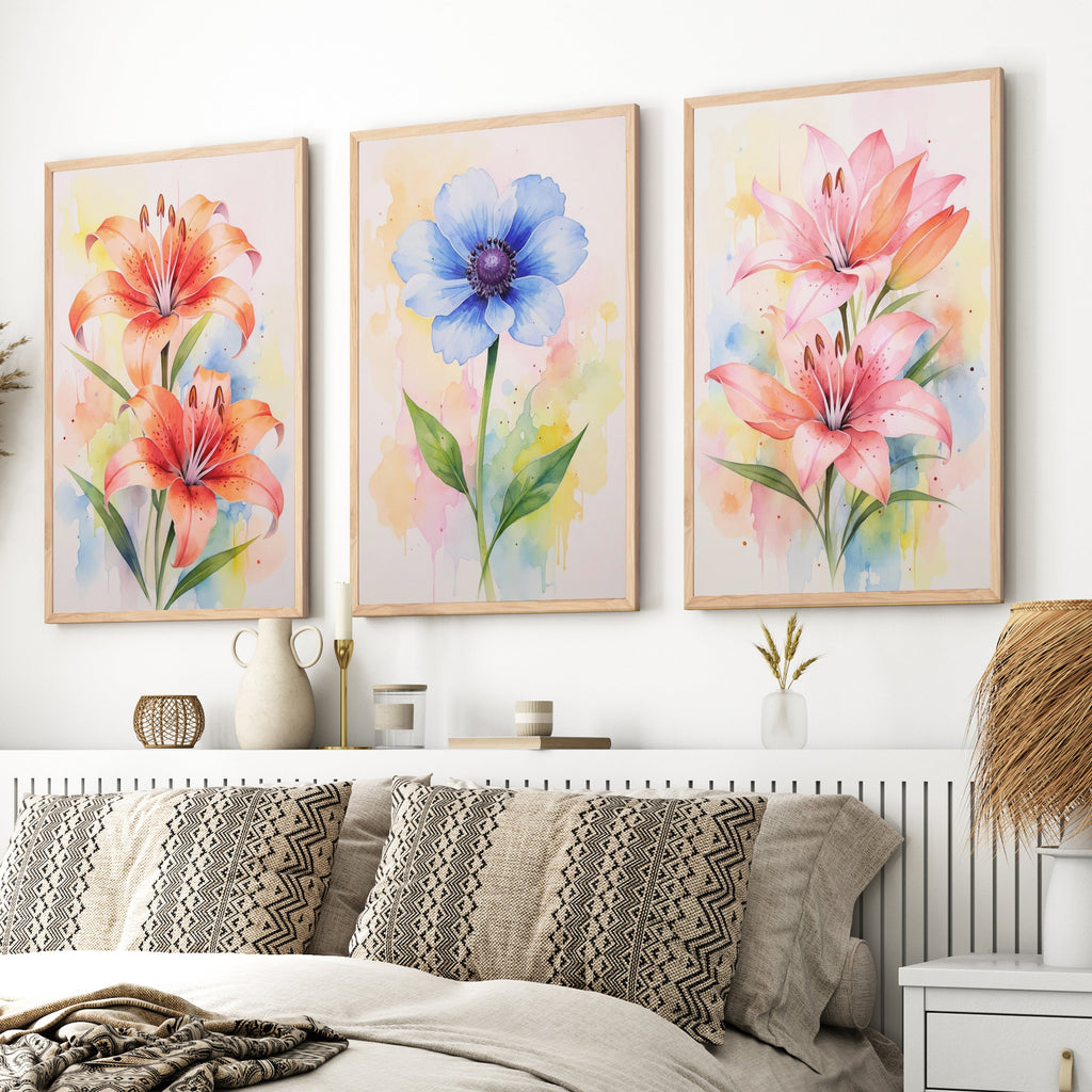 Botanical Posters – Watercolor Lilies and Anemone Set of 3