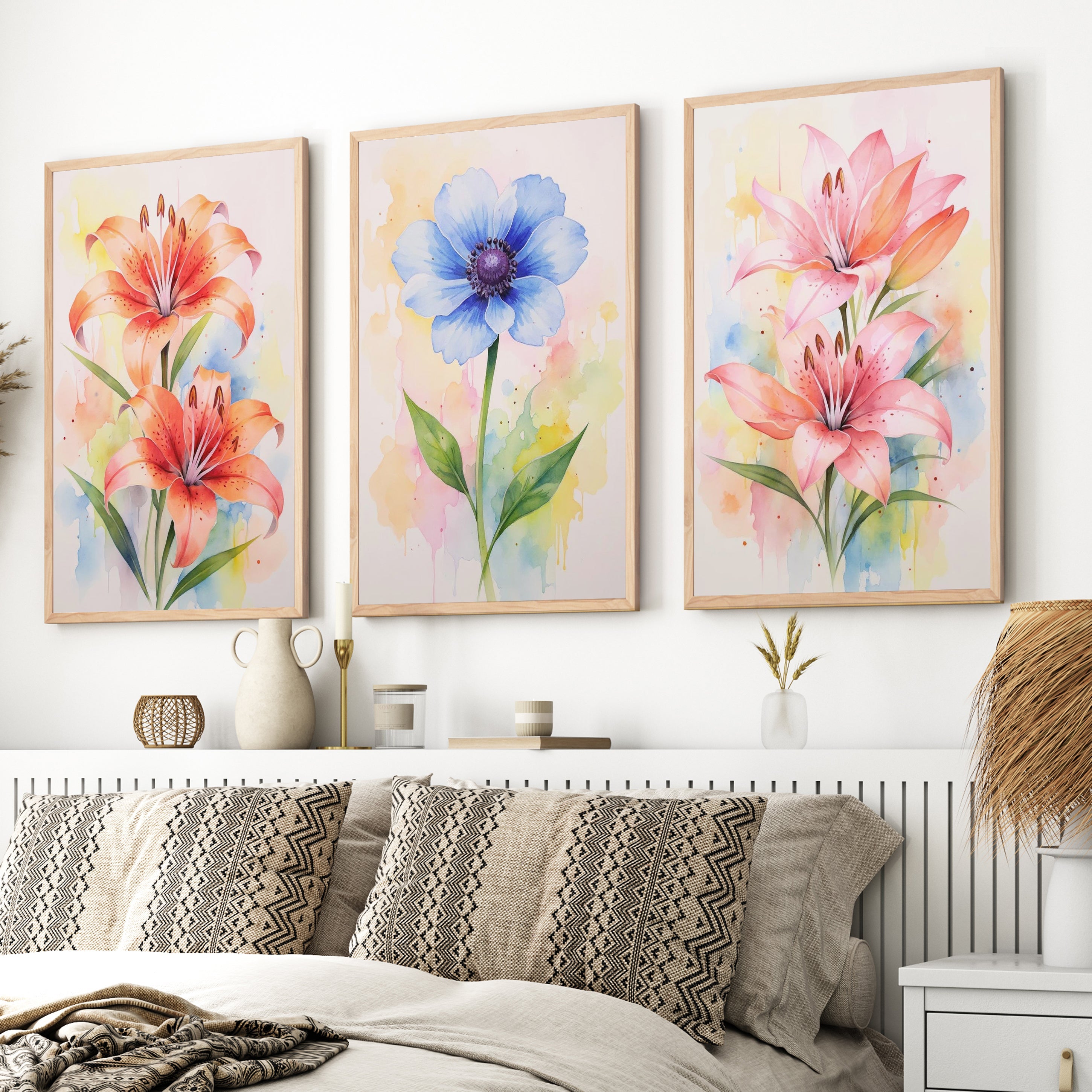 Botanical Posters – Watercolor Lilies and Anemone Set of 3