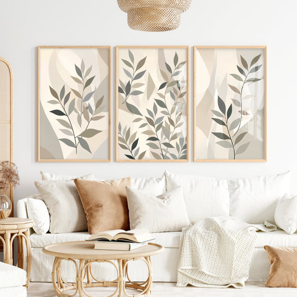 Botanical Wall Art Framed Abstract Neutral Leaf Set of 3