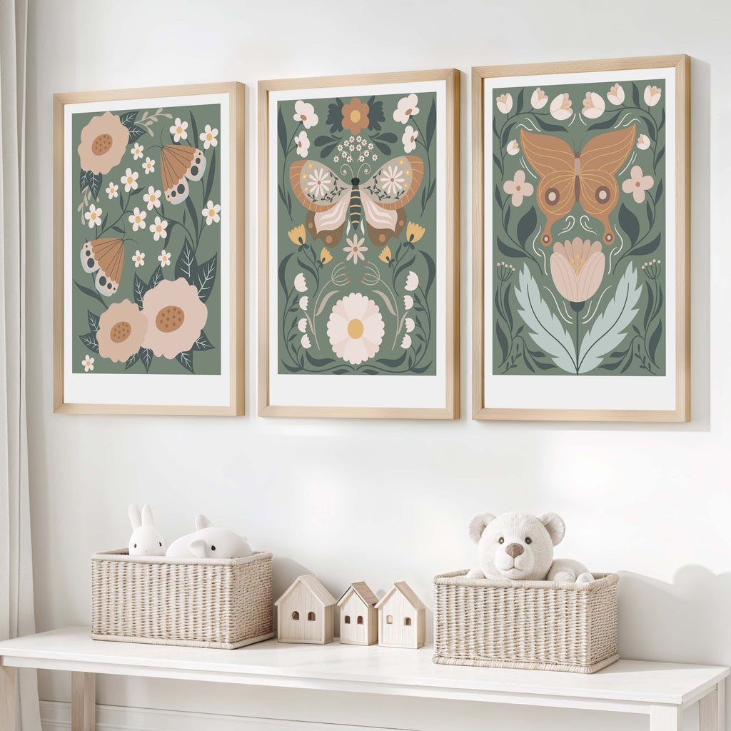 Butterfly Wall Art for Nursery – Floral Nature Print Set (3 Pieces)
